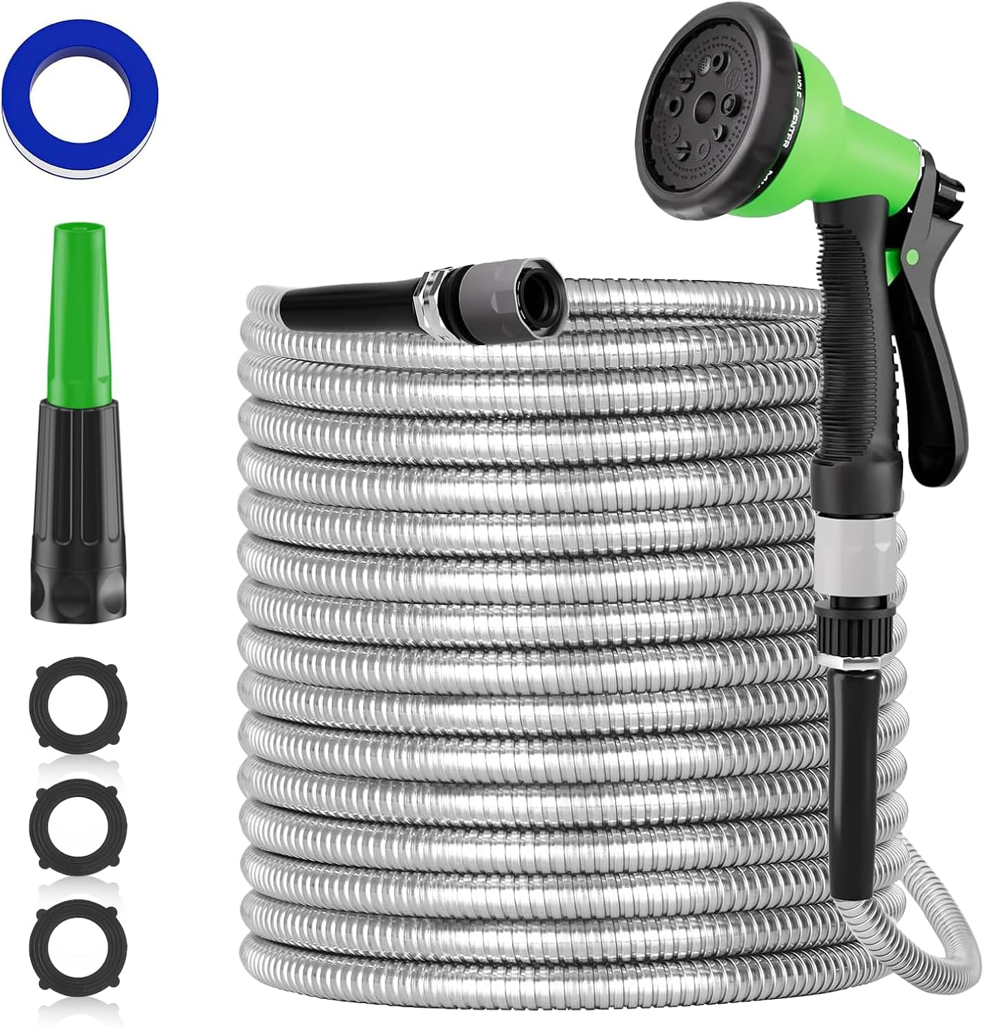 Detalle de SPECILITE 100ft 304 Stainless Steel Garden Hose — Heavy Duty, Non-Kink, With Dual Nozzles