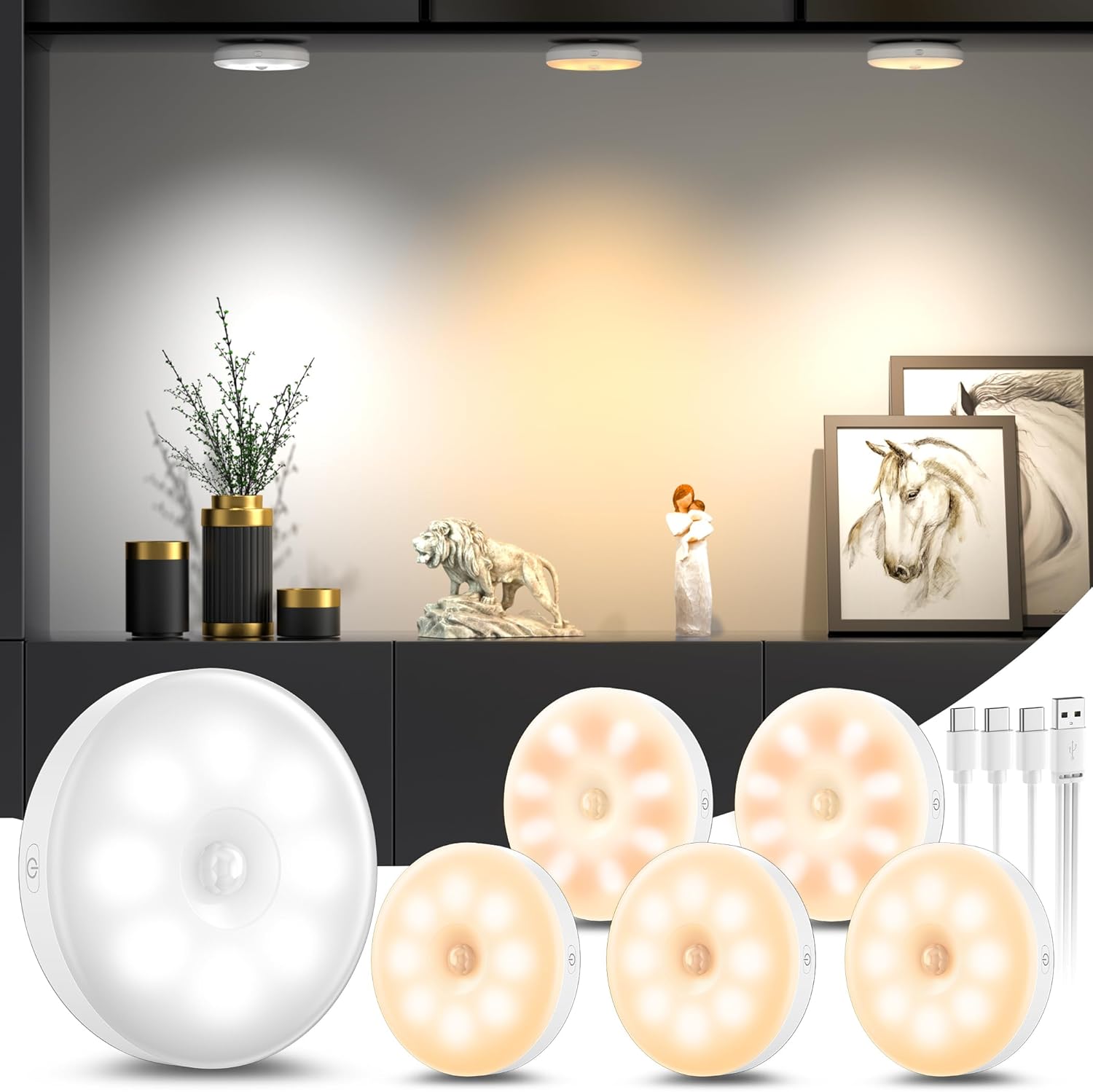 Detalle 2 de daphomeu 6x Motion Sensor Lights Indoor (USB Rechargeable) for Under-Cabinet, Stairs & Wardrobes