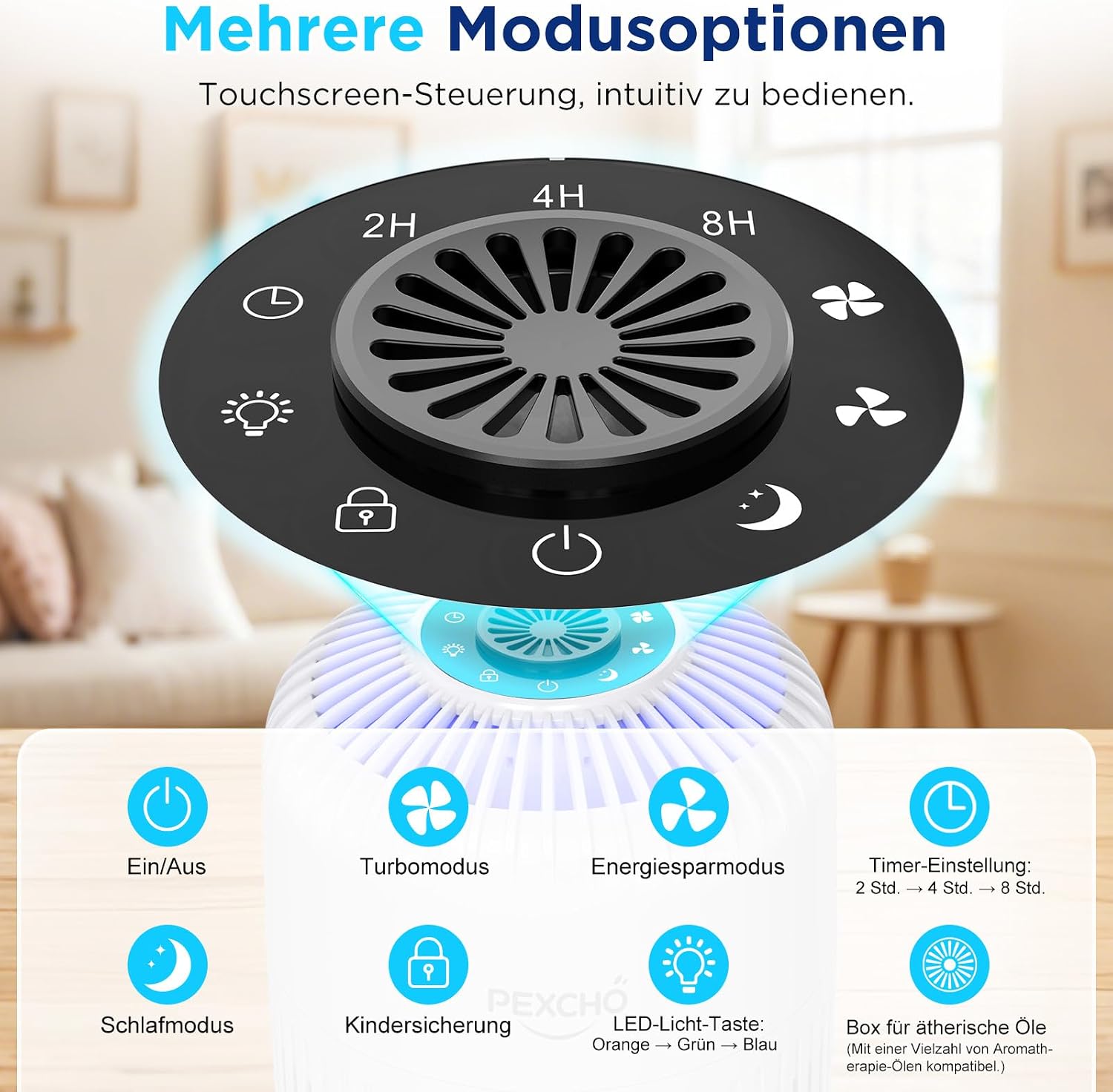 Detalle de PEXCHO Luftreiniger allergiker – 4-in-1 HEPA Filter mit App-Steuerung, Aromatherapie und 28 dB Schlafmodus