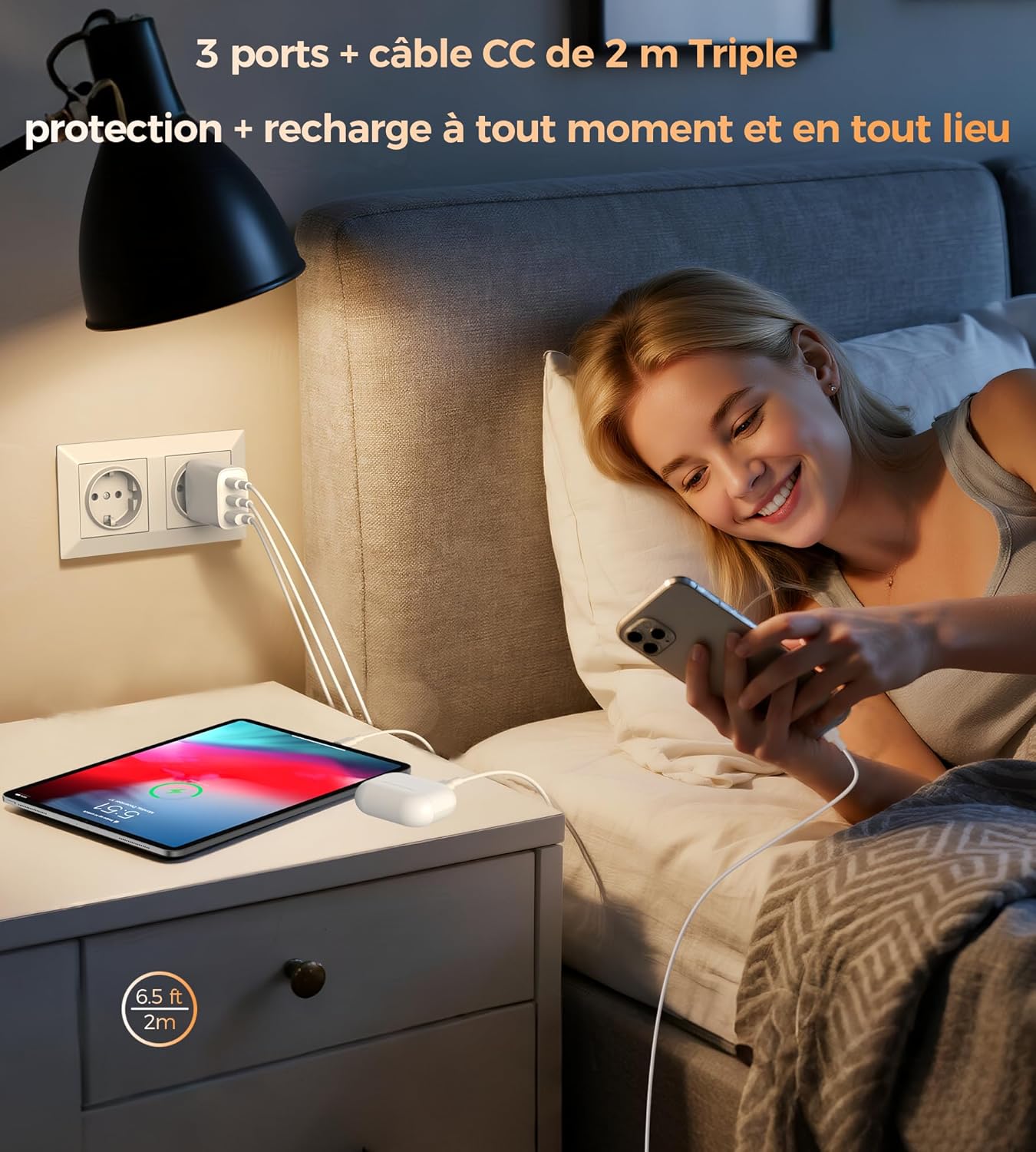 Thumbnail 6 de BHHB Chargeur USB-C 30W 3 Ports – Bloc d'alimentation rapide avec câble 2 m