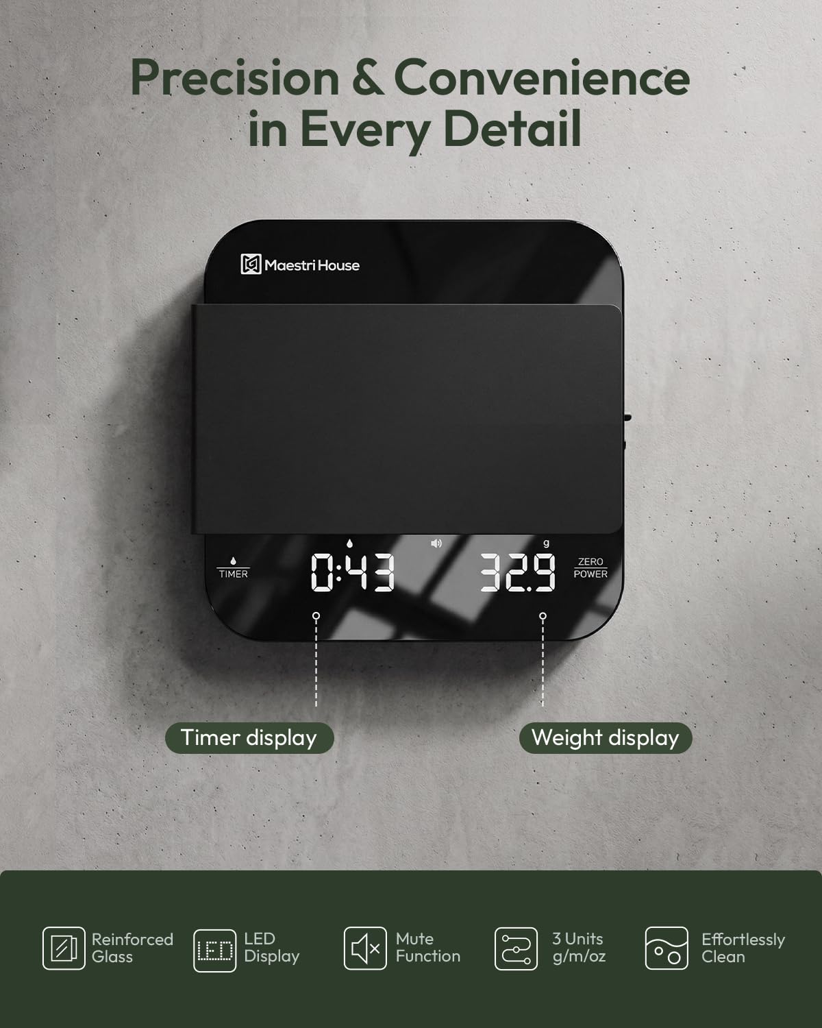 Detalle de Maestri House S2 Espresso Coffee Scale with Timer, 0.1 g Precision, USB-C
