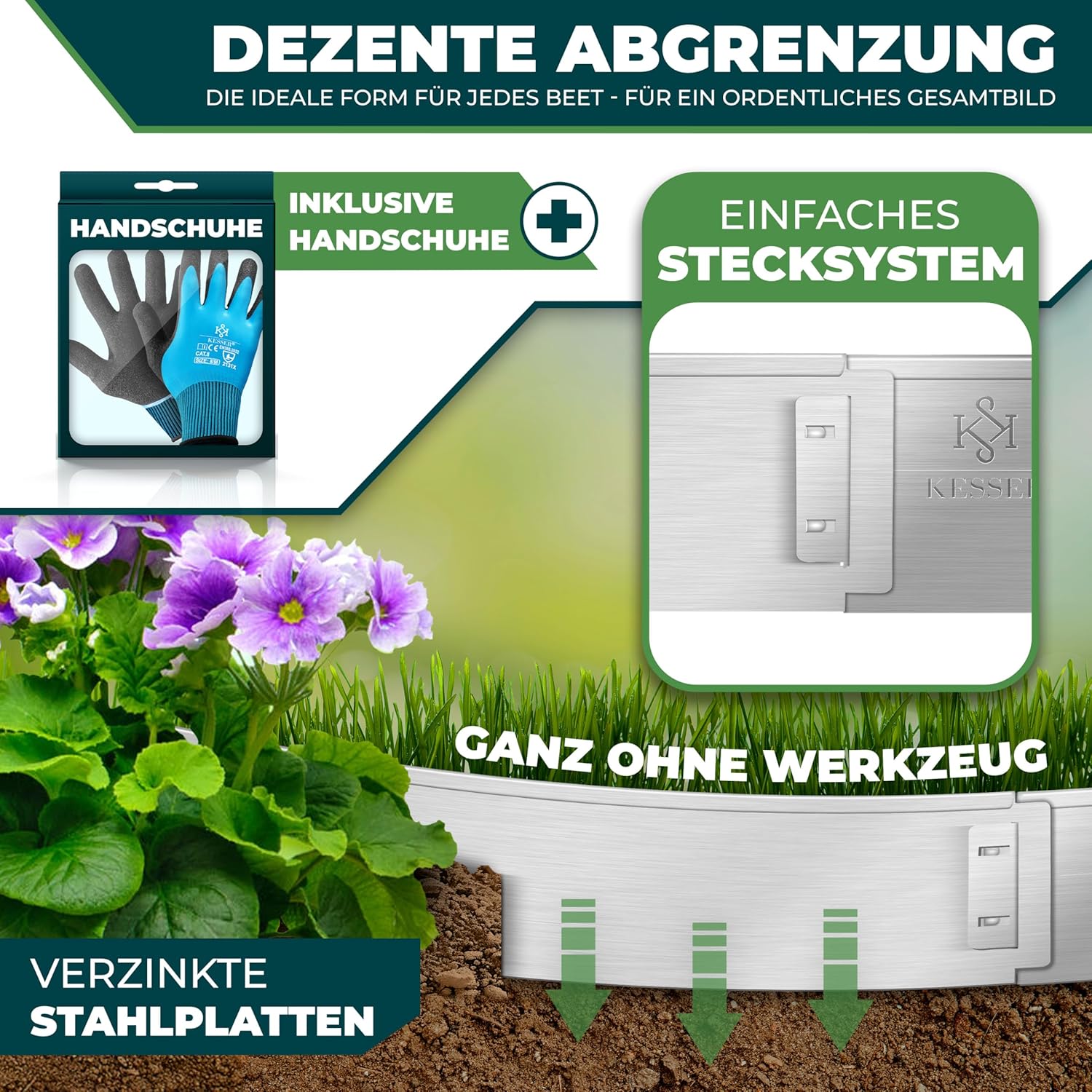 Thumbnail 1 de KESSER Rasenkante Beeteinfassung – Beetumrandung mit Handschuhen 10 m, 100 x 14 cm, Metall Palisade, Silber