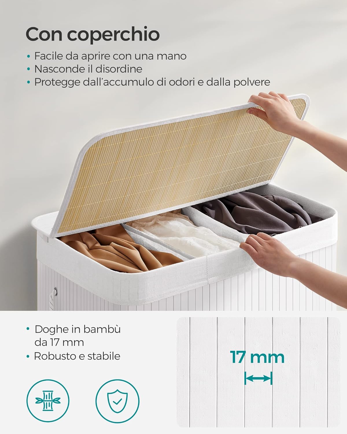 Thumbnail 2 de SONGMICS Cesto Portabiancheria 150 L con Coperchio e 3 Scomparti in Bambù – LCB091W01
