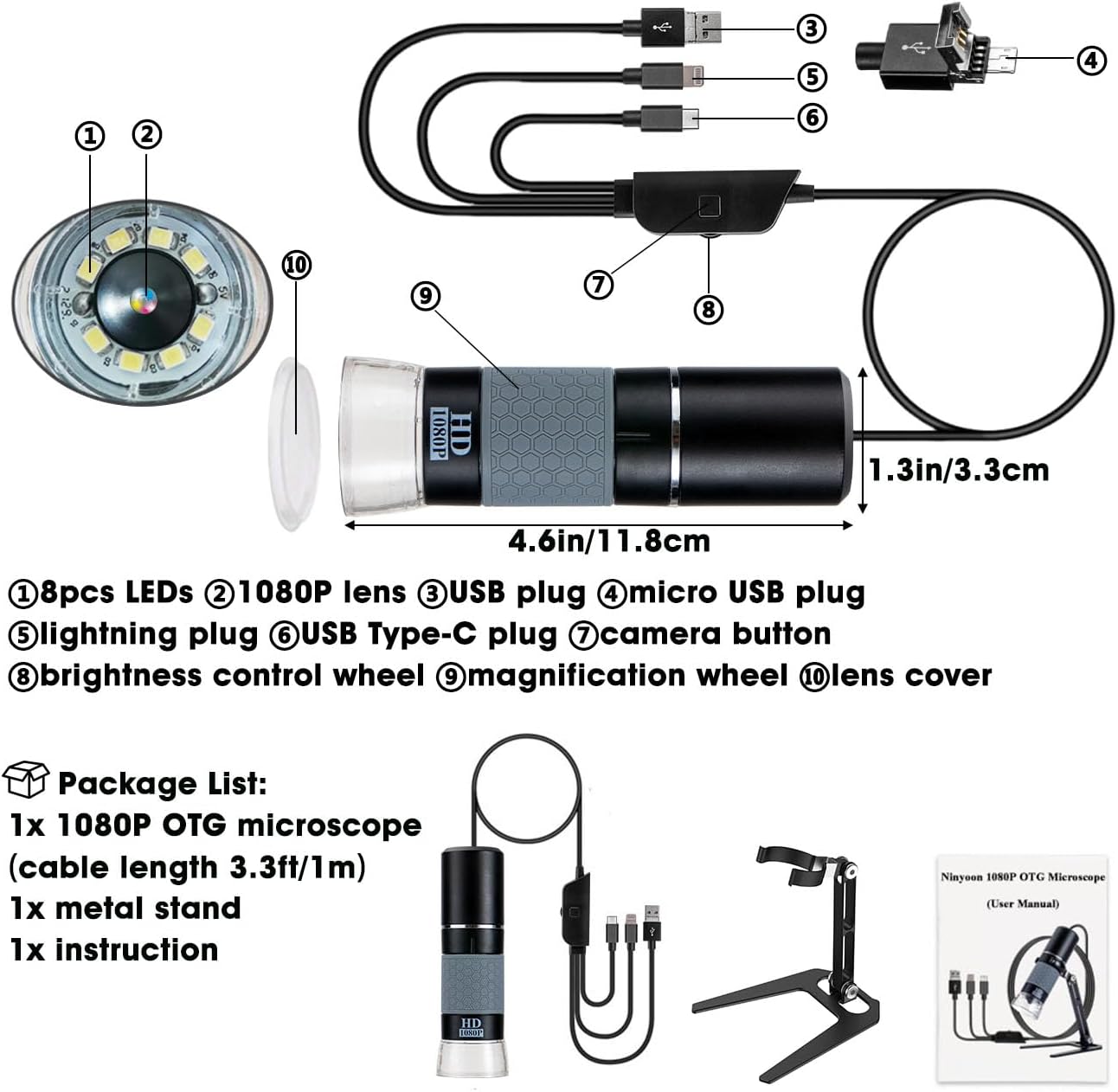 Detalle de Ninyoon microscopio digitale USB 1080P (50–1000X) per iPhone, iPad, Android e PC