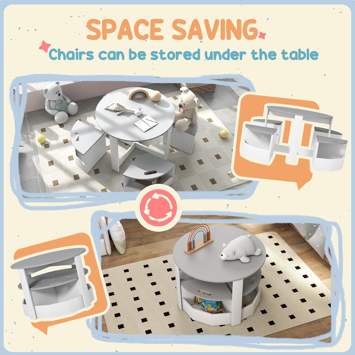 Thumbnail 3 de AIYAPLAY Kids Table and Chairs Set (Five-Piece) with Under-Seat Storage – Grey