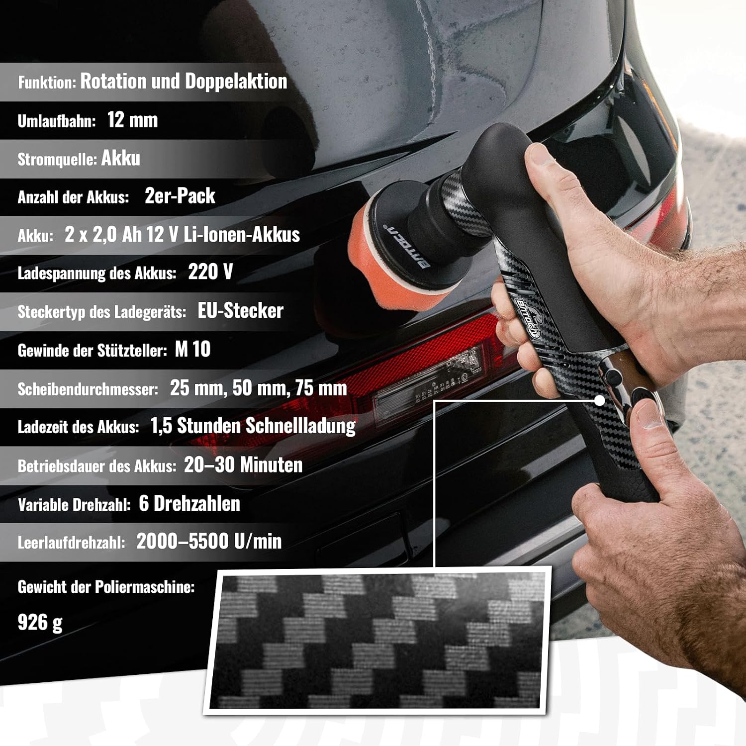 Detalle de BATOCA S5 Mini Poliermaschine – 2-in-1 Akku-Poliermaschine mit Rotations- und Exzenterfunktion