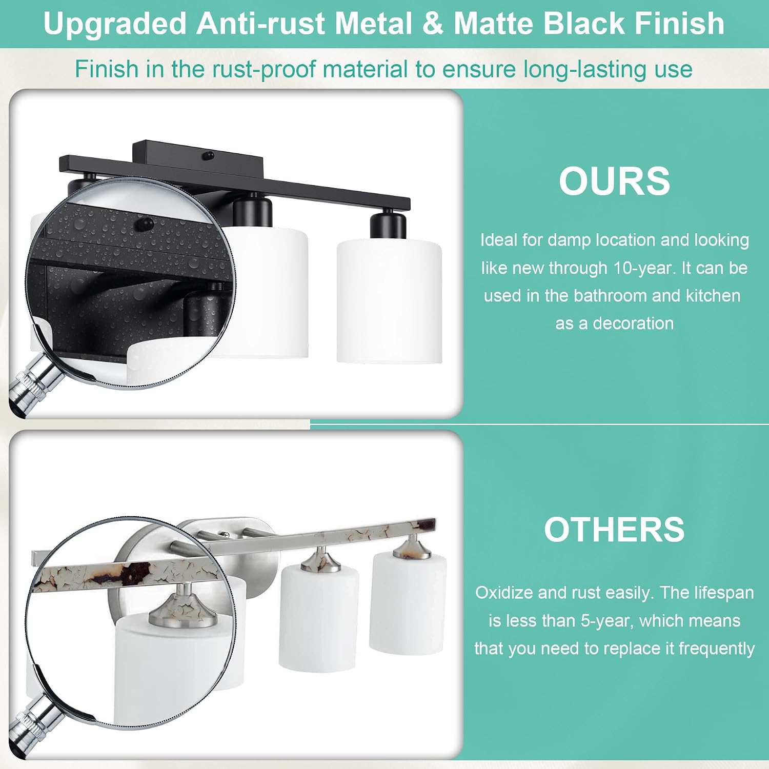 Detalle de Dekang 3-Light Black Bathroom Vanity Light with Milky White Glass Shades