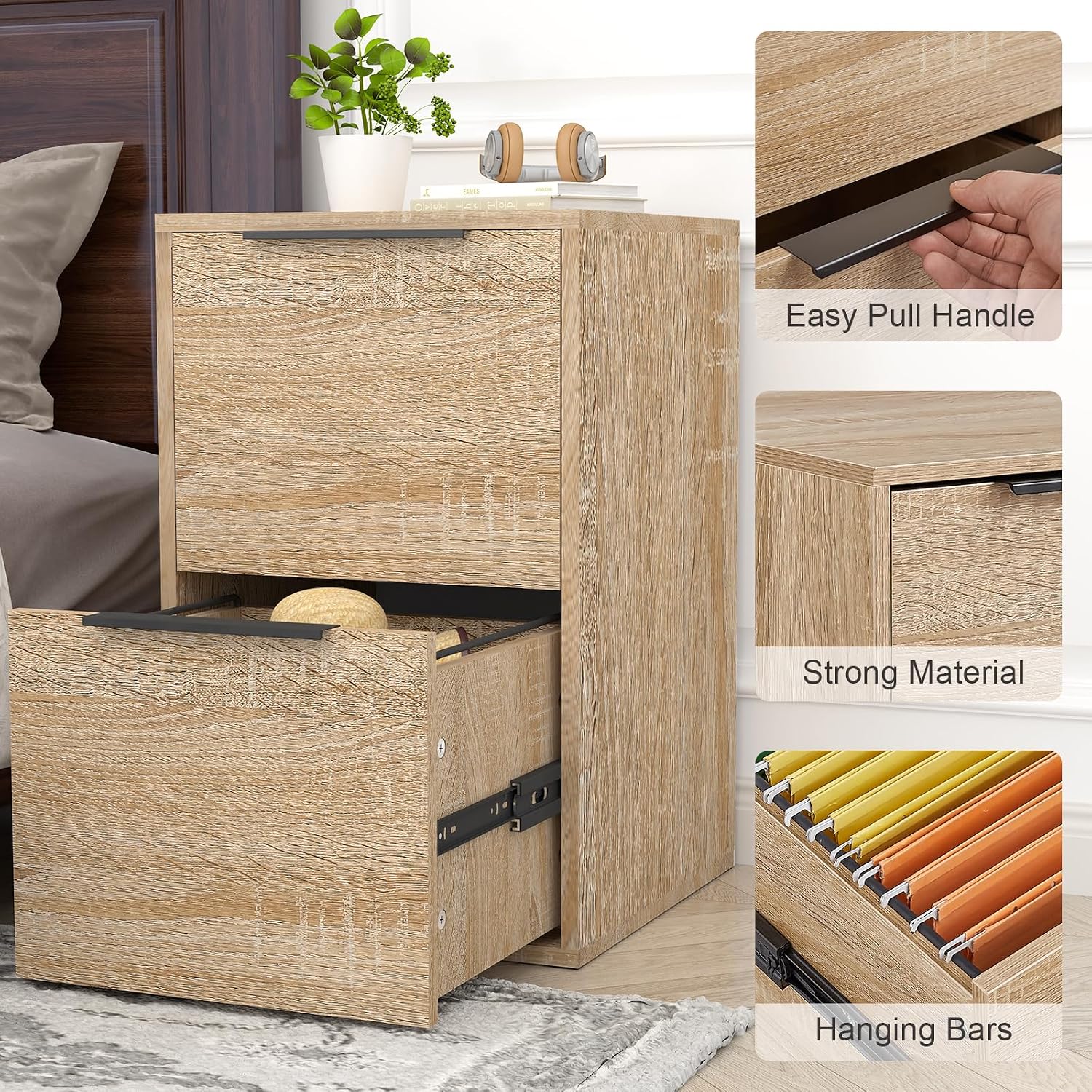 Detalle de FATIGOS MC 2-Drawer Wood File Cabinet, Oak, Letter and A4 Storage
