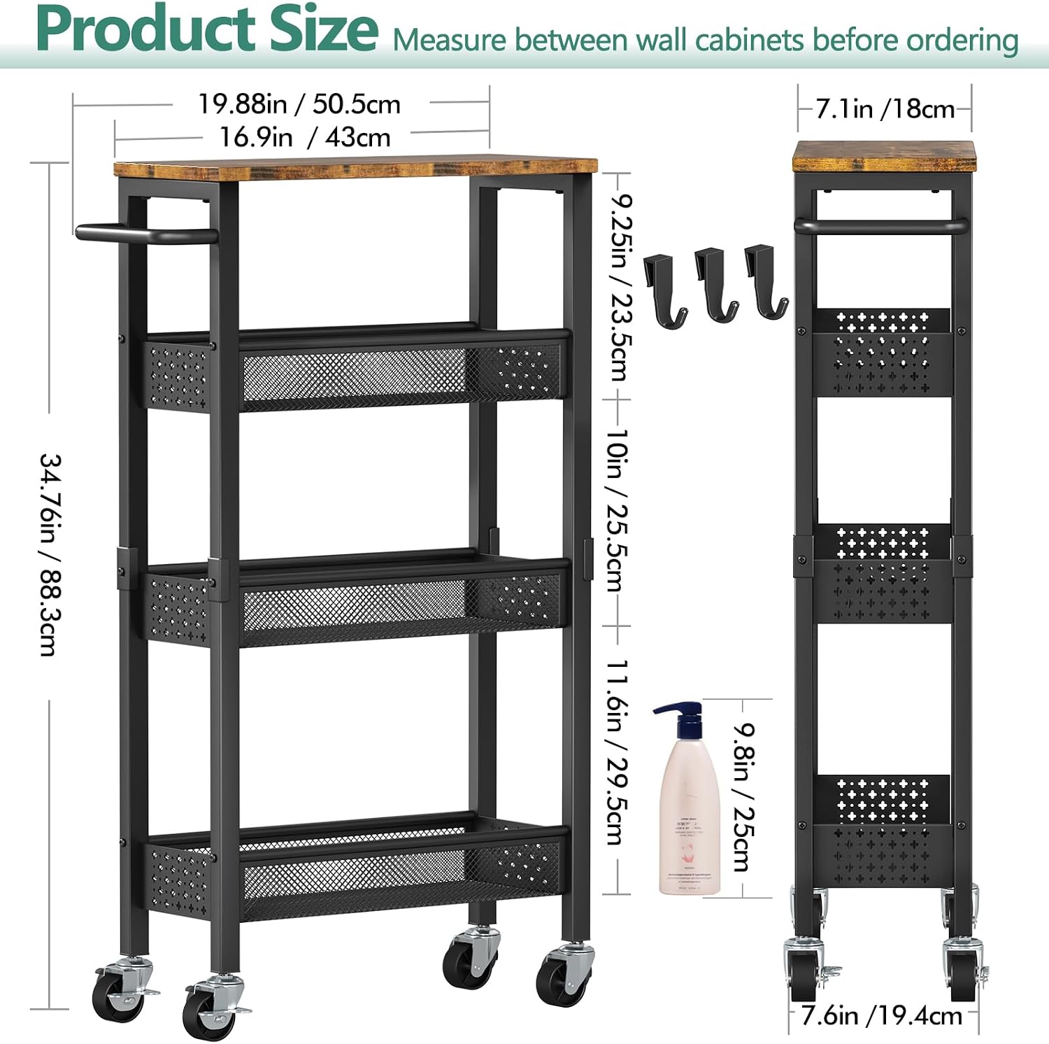 Detalle de Vivihomety Utility Slim Storage Cart with Wood Top and Wheels