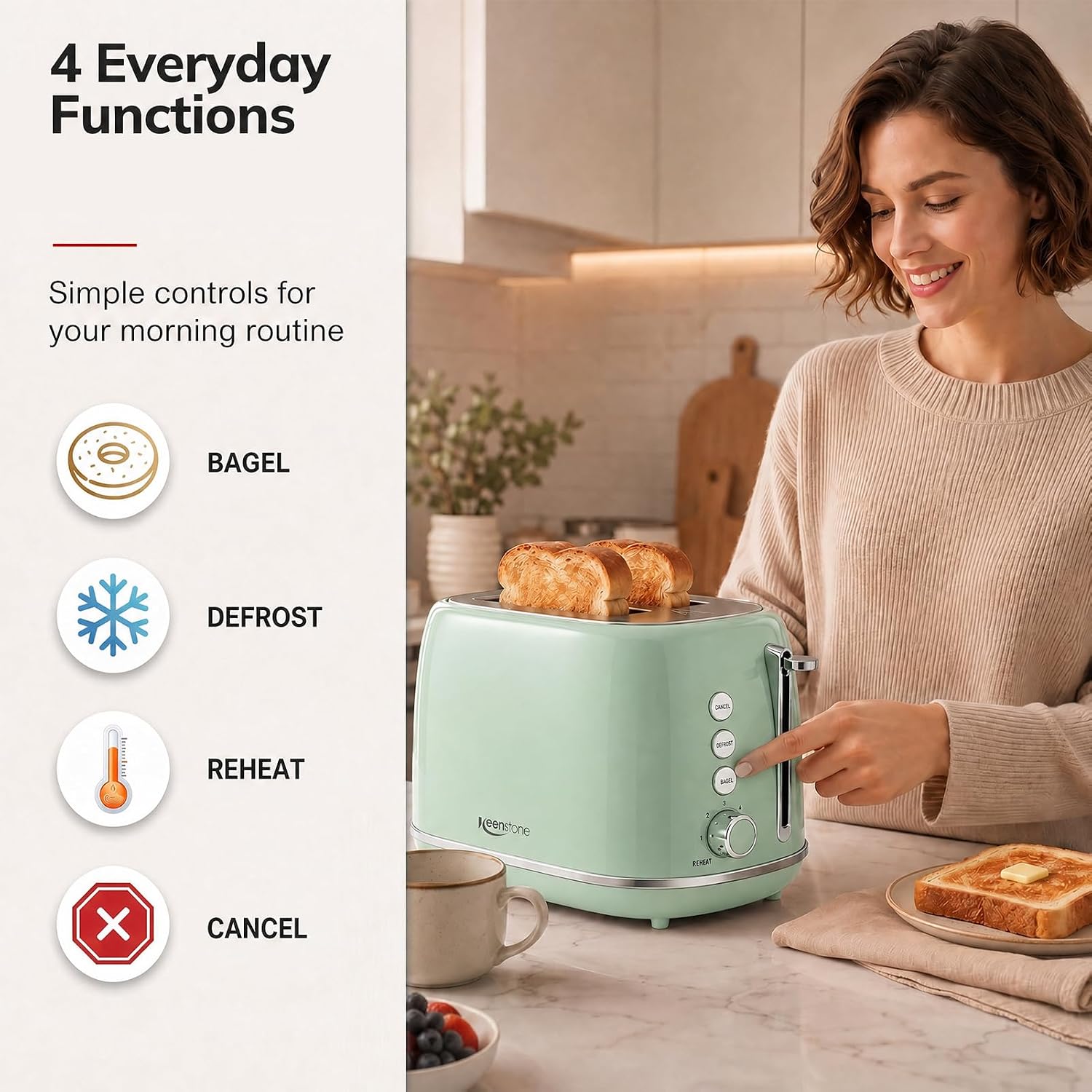 Detalle de Keenstone 2-Slice Toaster, Green, with Wide Slots and 6 Shade Settings