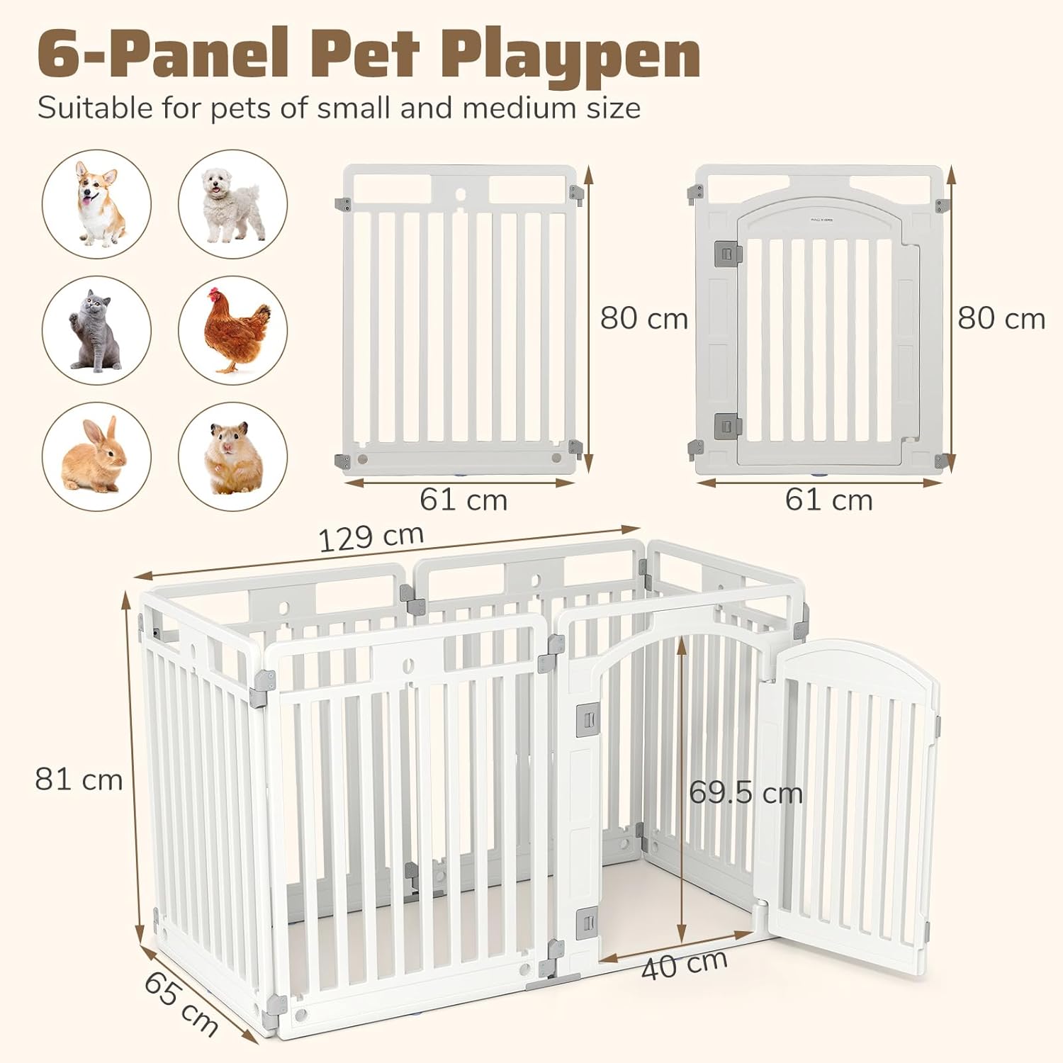 Detalle de Parc pour chien GOPLUS en plastique pliable – 6 panneaux, 129 x 65 x 81 cm, porte verrouillable, intérieur/extérieur, blanc