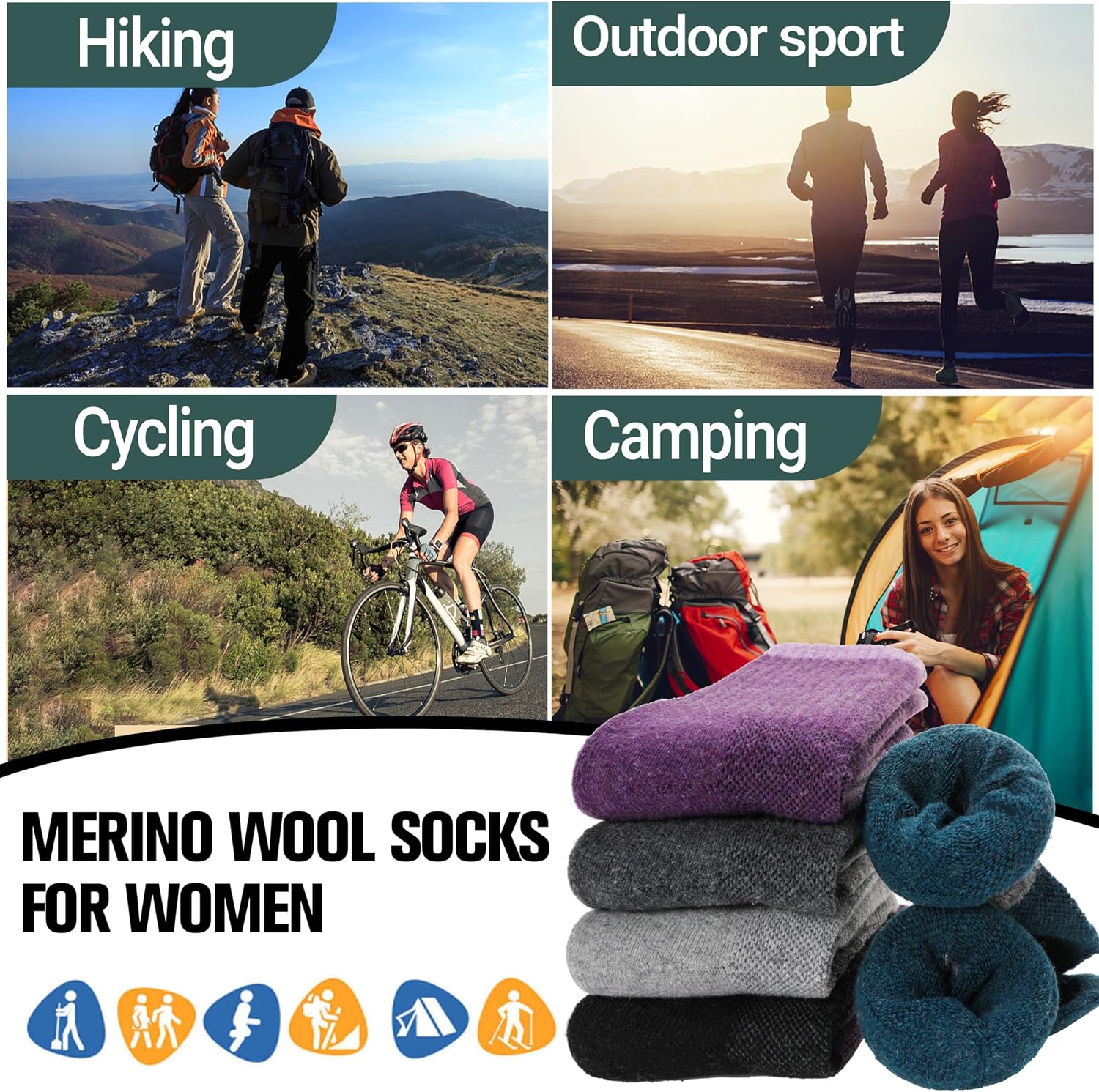 Thumbnail 6 de Anlisim Merino Wool Crew Socks for Women, Hiking & Running, 5 Pairs