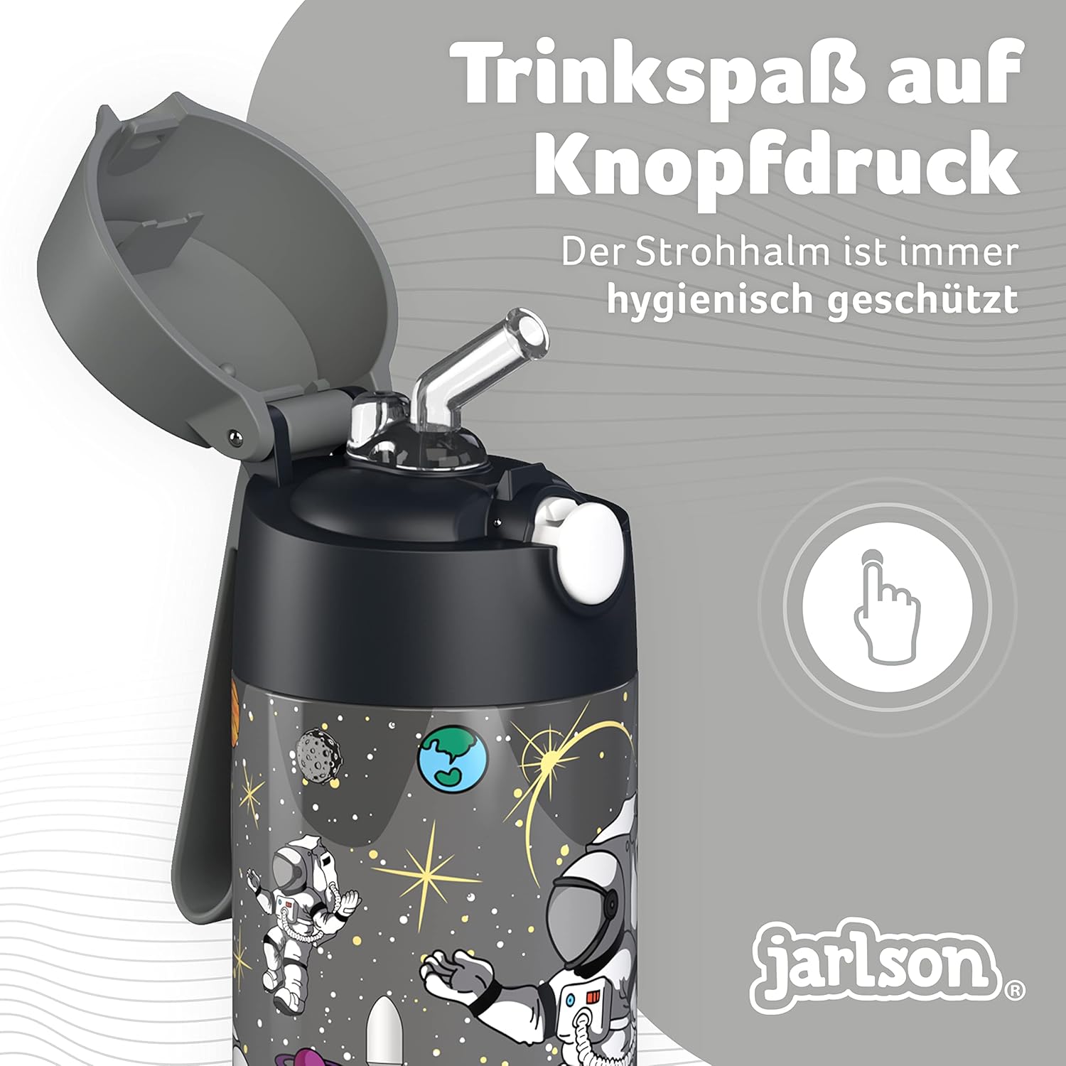 Thumbnail 5 de Jarlson® Kinder-Trinkflasche Charli mit Strohhalm (Edelstahl, 350 ml, Astronaut) – auslaufsicher, thermoisoliert