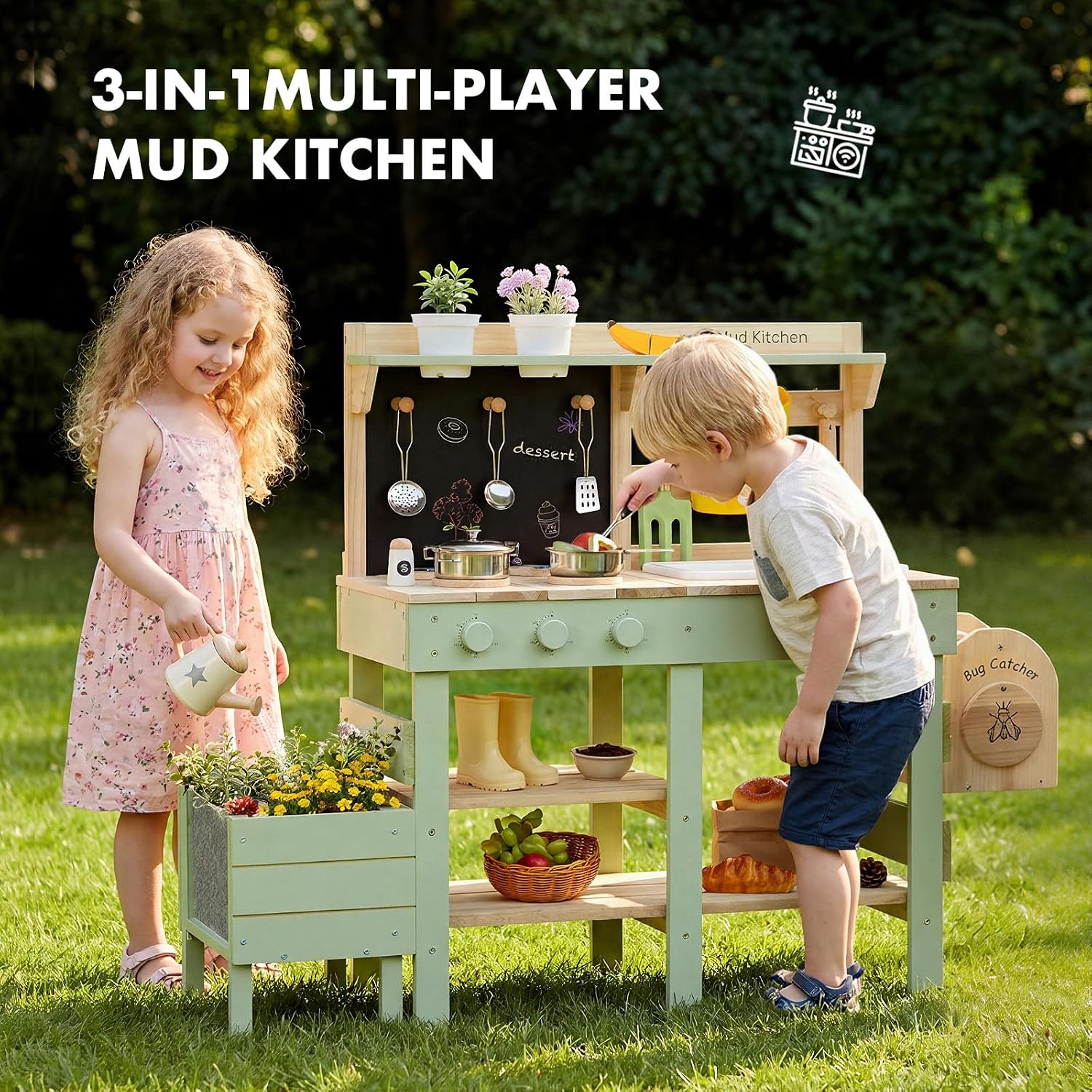 Detalle de Labebe Matschküche Kinder Outdoor – 3-in-1 Spielküche mit Spüle, Pflanzkasten und Insekten-Beobachtungsbox
