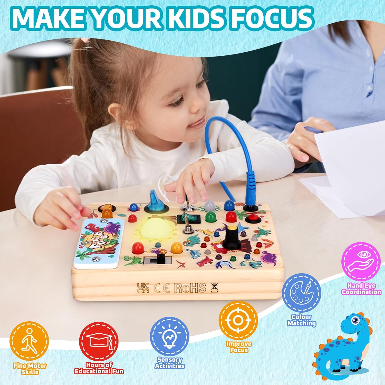 Detalle de Montessori Dinosaur Busy Board 10 switches