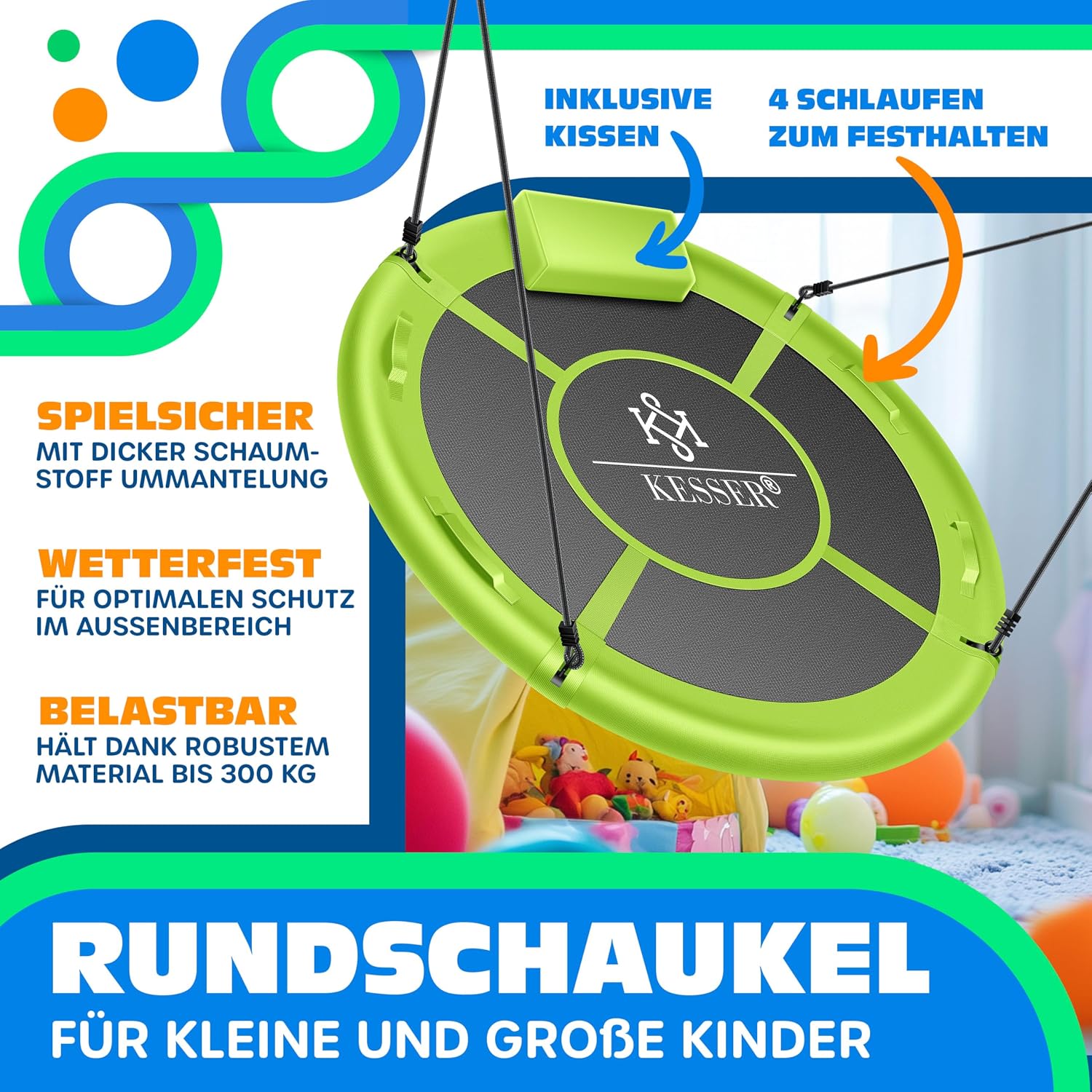 Detalle de KESSER Nestschaukel Tellerschaukel Ø 120 cm – grün, 300 kg belastbar, mit Kissen & 4 Griffen