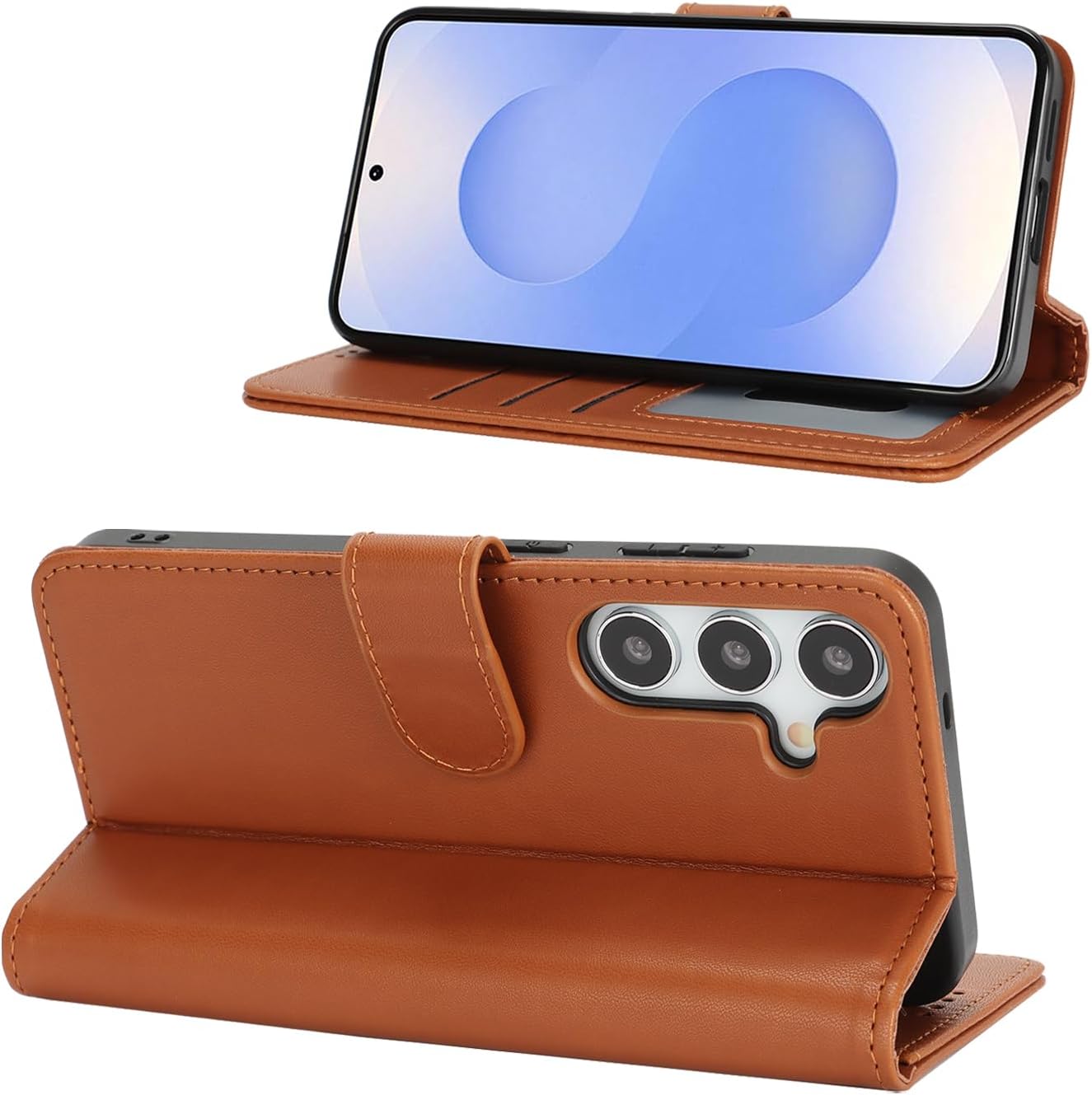 Detalle 2 de Zouzt Hülle für Samsung Galaxy S25 – stoßfeste PU Leder Fliphülle mit Kartenhalter und Standfunktion (Hellbraun)