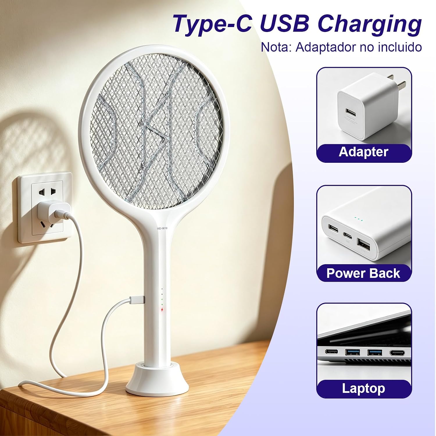 Detalle de Toolviann Electric Fly Swatter 4000V: 2-in-1 Mosquito Killer with 1800mAh Battery