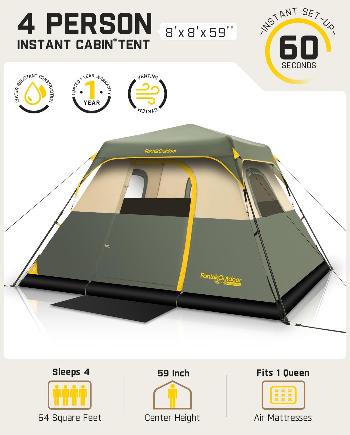 Thumbnail 4 de FanttikOutdoor Instant Cabin Camping Tent (4/6/8/10 Person) — 60-Second Setup, Rainfly & Windproof, Navy Blue
