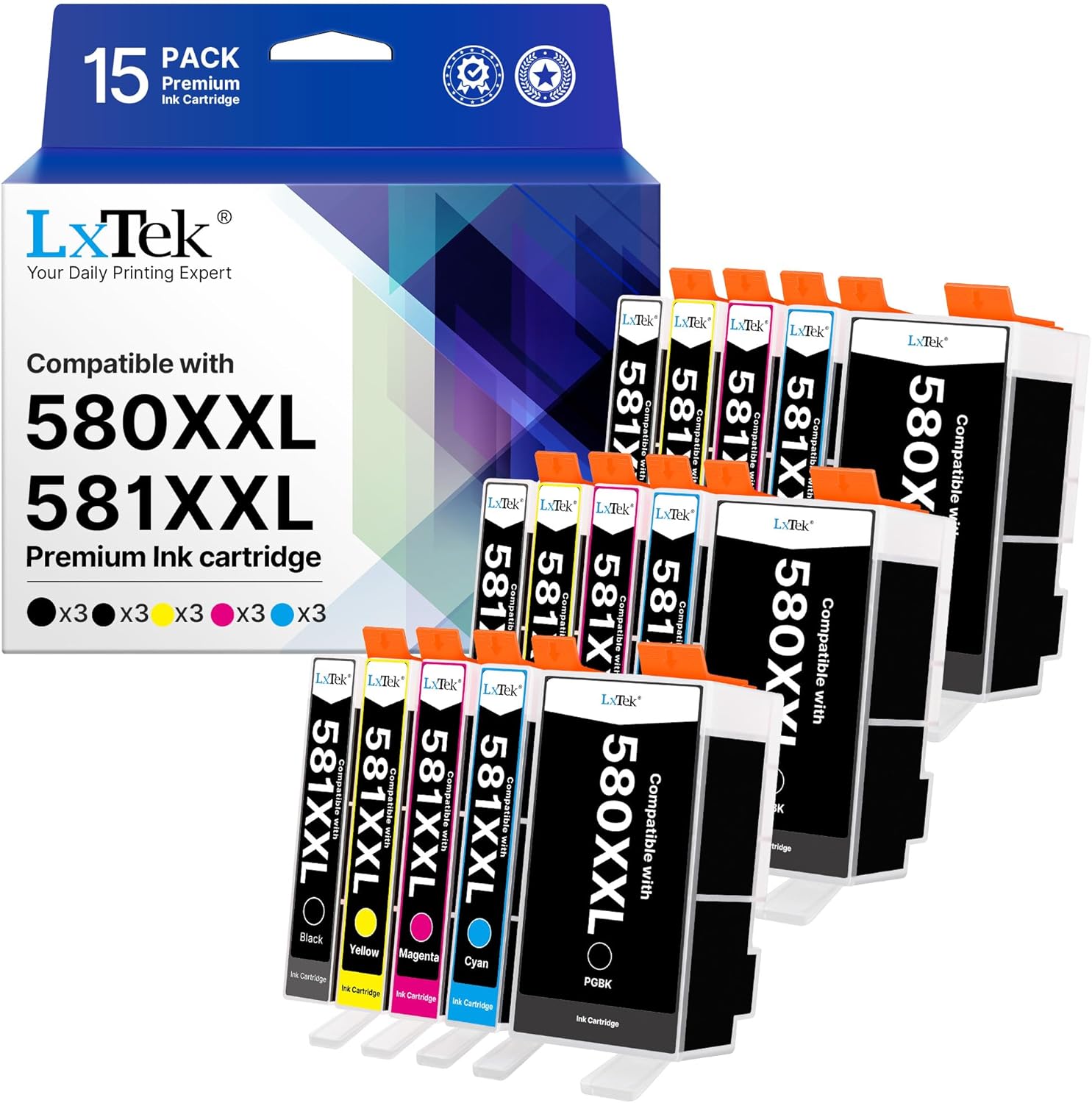 Detalle de LxTek 580/581 XXL Druckerpatronen-Set für Canon – Kompatibel mit TR7550, TR8550, TS6350, TS7650, TS9550 und mehr (15er-Pack)