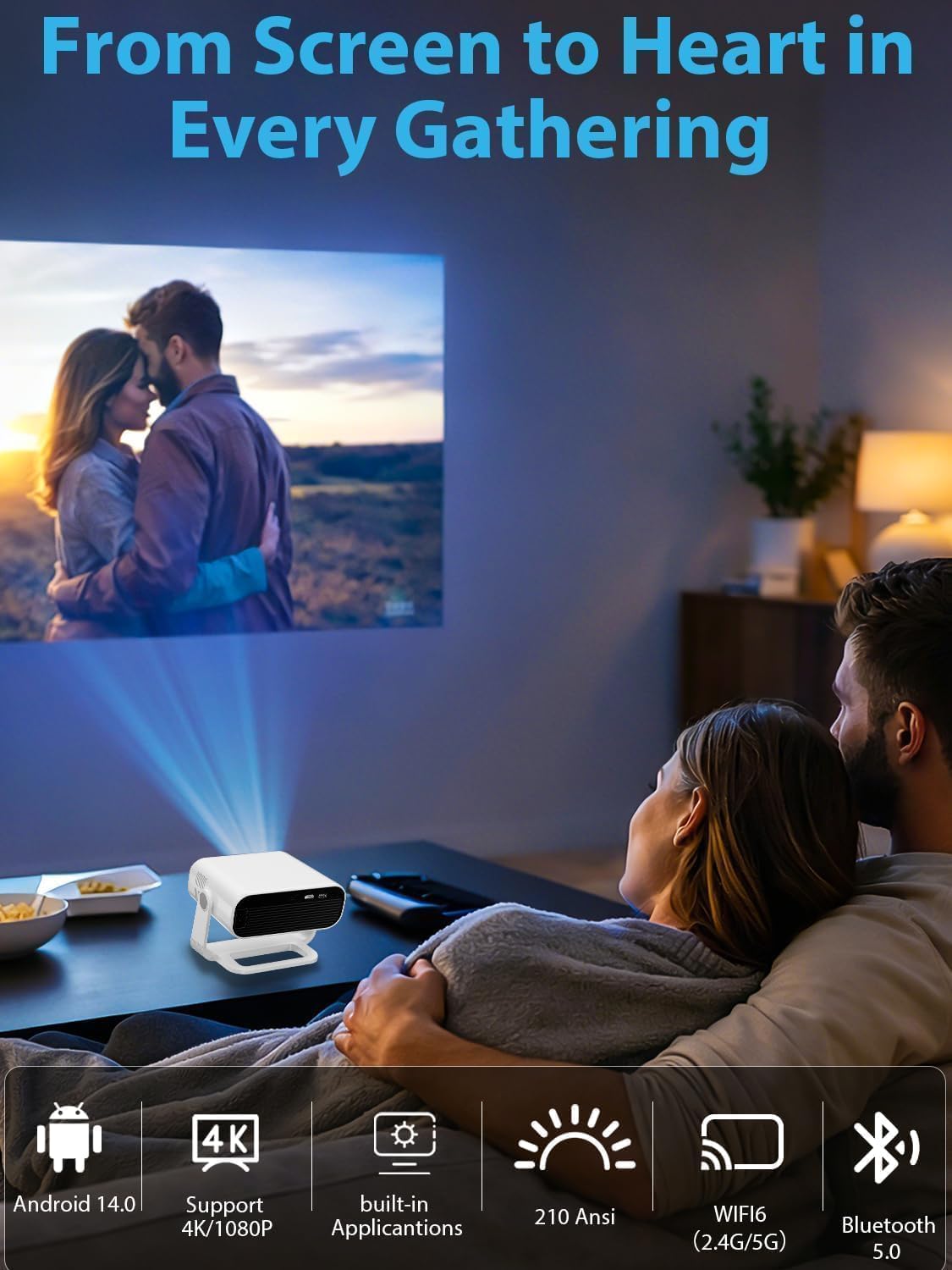 Detalle de Wielio 2026 Smart Projector: Android 14, 210 ANSI, WiFi 6 & Bluetooth 5.0 with 1000+ Apps