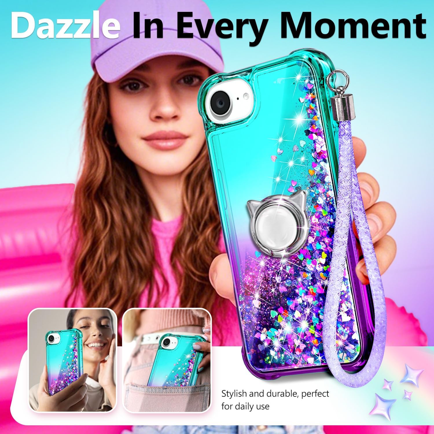 Thumbnail 6 de NGB Glitter Liquid Sparkle iPhone 16e/17e Case with Tempered Glass, Ring & Wrist Strap (Aqua/Purple)