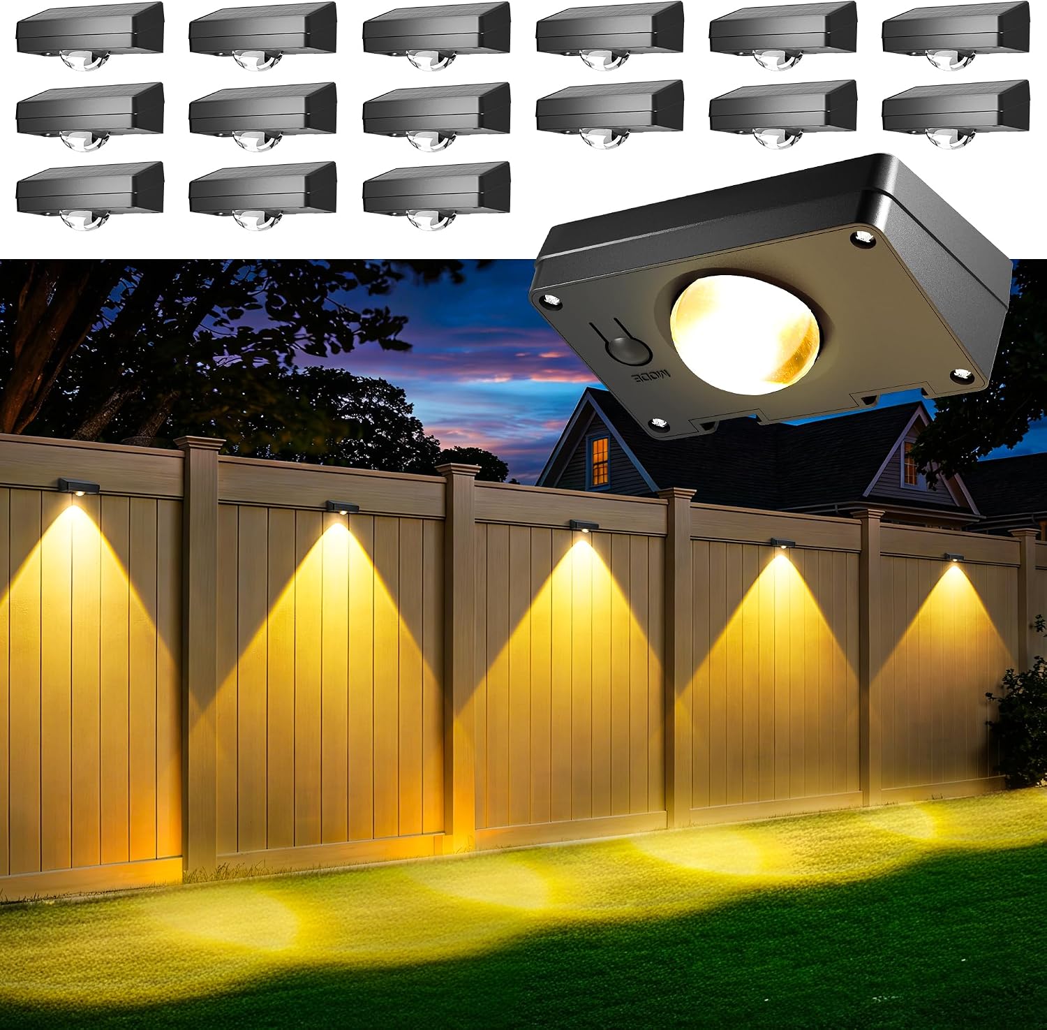 Detalle de AUDERWIN 11352 Solar Fence Lights, 16-Pack, IP65 Waterproof, 3 Colour Temperatures