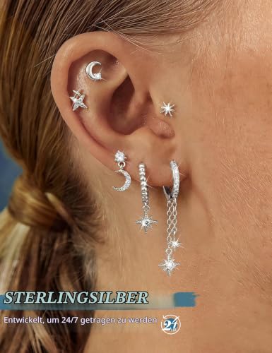 Thumbnail 2 de Finrezio 6 Stück Ohrringe Silber 925 – Damen Ohrstecker & Creolen mit Stern, Mond und Sonne