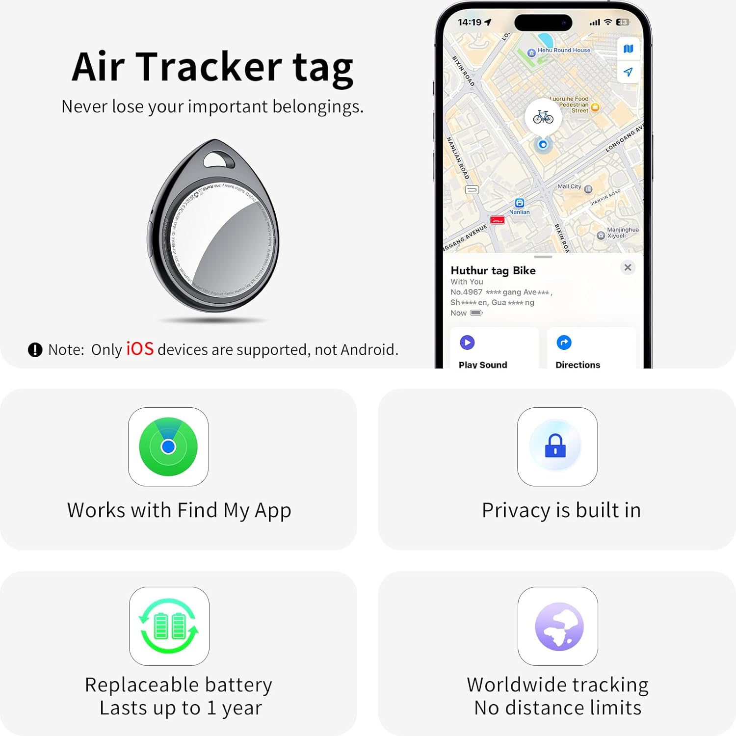 Thumbnail 1 de QCOQ Air Tracker Tags 4 pezzi Smart Tracker Bluetooth per Apple Dov’è, con allarme fino a 100 dB e batteria sostituibile