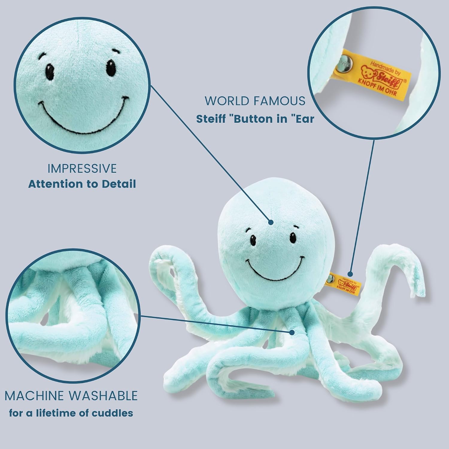 Detalle de Steiff Soft Cuddly Friends Ockto Octopus 063770, 27 cm Turquoise Plush Toy