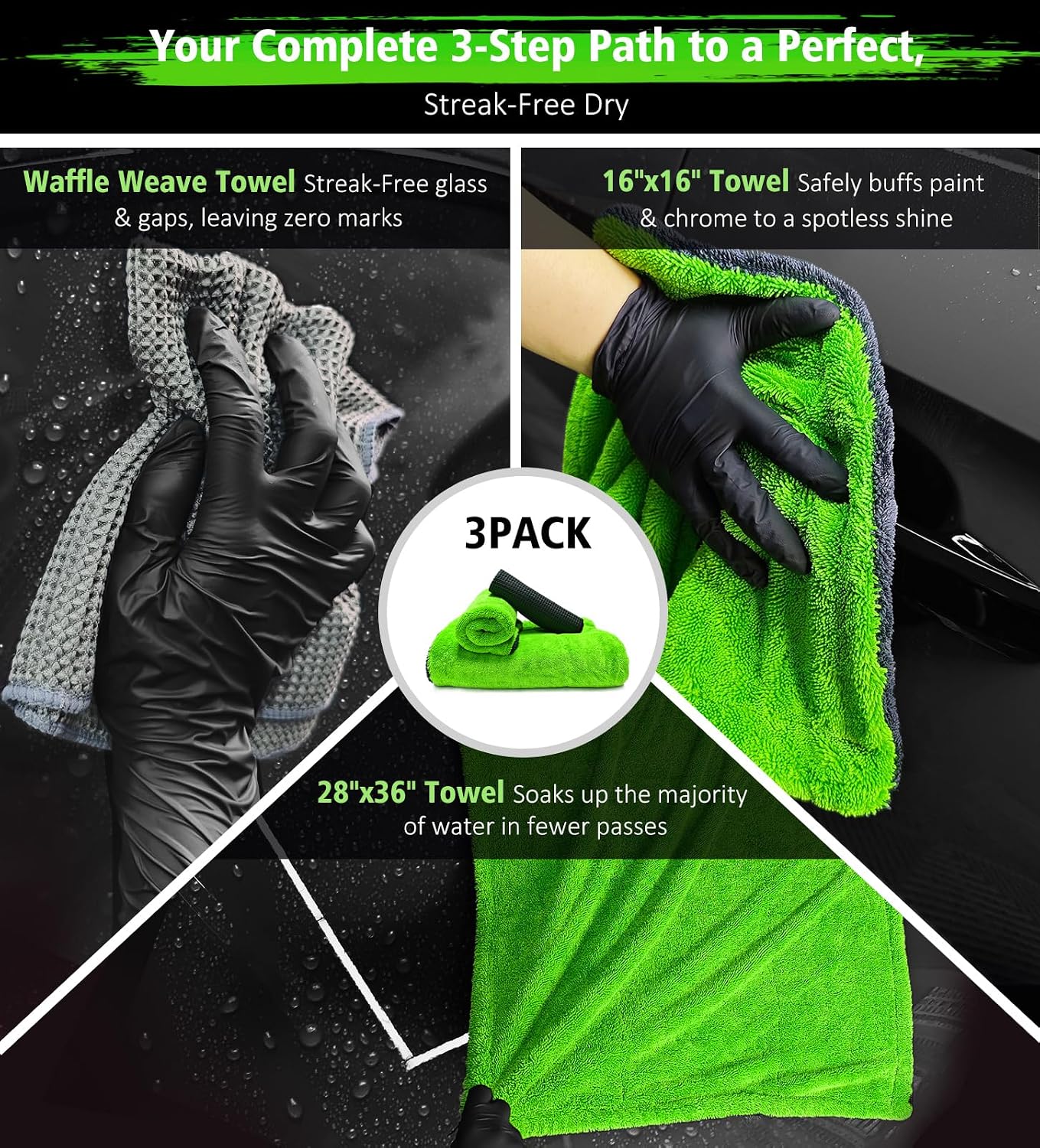 Thumbnail 1 de YeewayVeh YW-P00170 3-Piece Microfibre Car Drying Towel Set, 1400 GSM