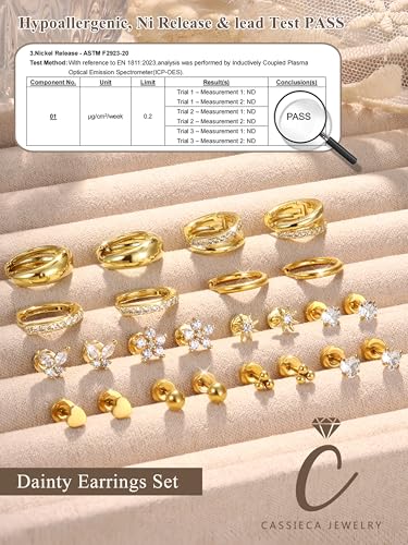 Detalle de CASSIECA 12Pairs Flat Back Earrings – Hypoallergenic 316L Steel with 14K Gold Plating
