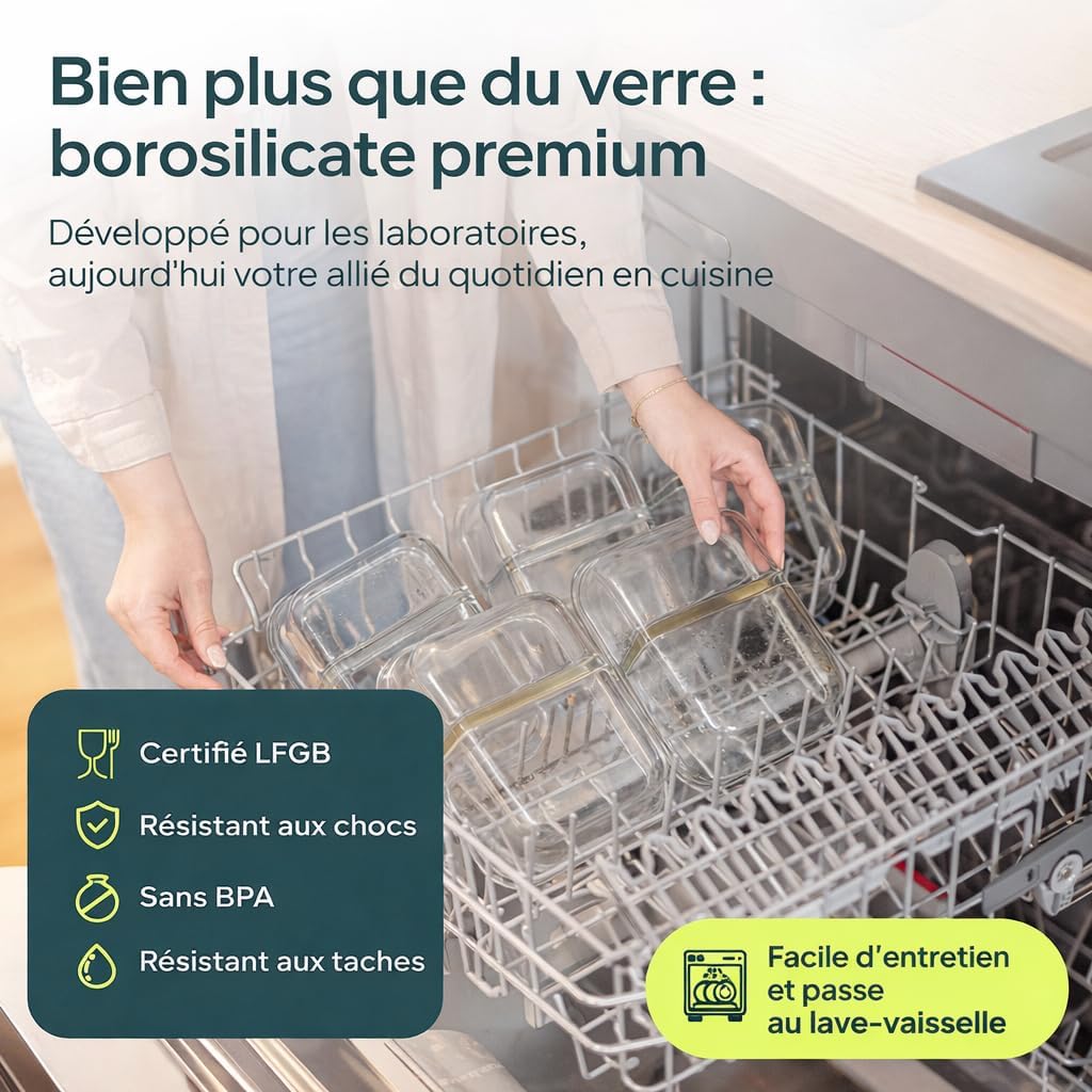 Detalle de Uandu Lot de 10 Boîtes Alimentaires en Verre Borosilicate – 370 ml et 1040 ml, hermétiques et sans BPA