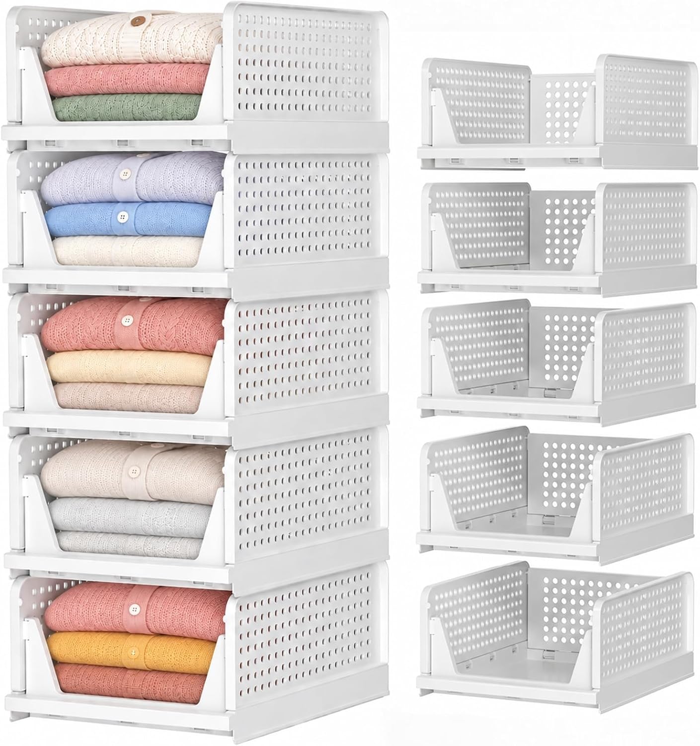 Detalle de SNSLXH Blanc, paquet de 5 Stackable Closet Organizers, White, Foldable PP