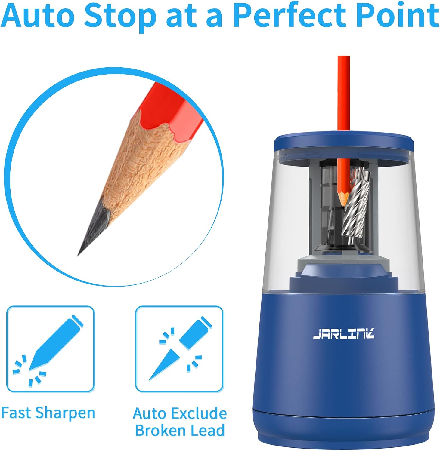 Detalle de JARLINK OP044B Electric Pencil Sharpener, Helical Blade, Auto Stop, Dual Power
