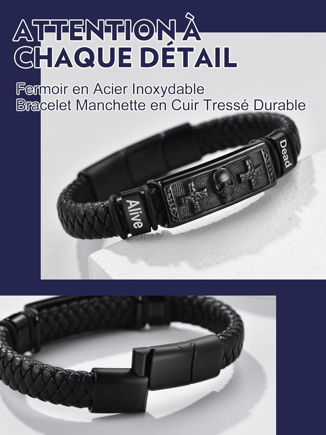 Thumbnail 6 de Bandmax bracelet homme en cuir PU tressé noir avec plaque acier inox motifs croix et crâne