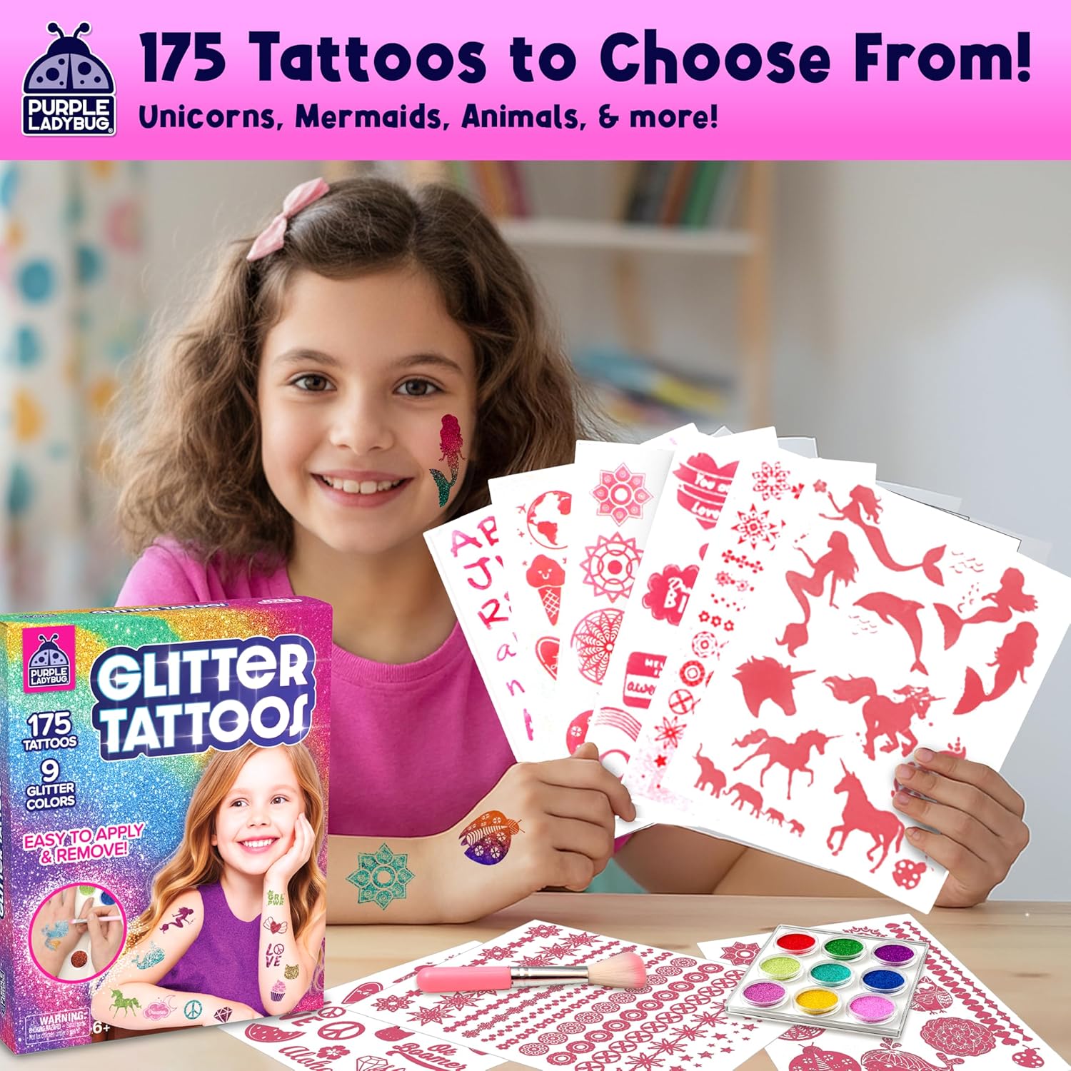 Detalle de Purple Ladybug 175-Piece Temporary Glitter Tattoos Kit for Kids (Ages 6–12)