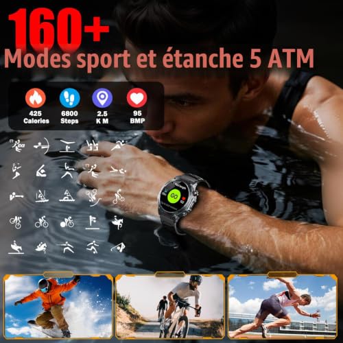 Detalle de Jugeman Montre Connectée Homme GPS 1.43" AMOLED – 5ATM, TorcheLED, Multi-Sport