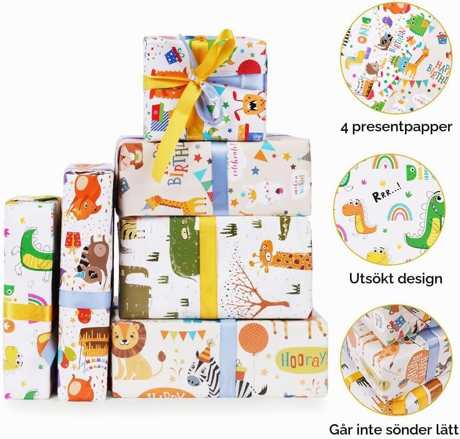 Detalle de OFFCUP presentpapper med djurmotiv, 6 ark à 50 × 70 cm och 2 bandbuntar