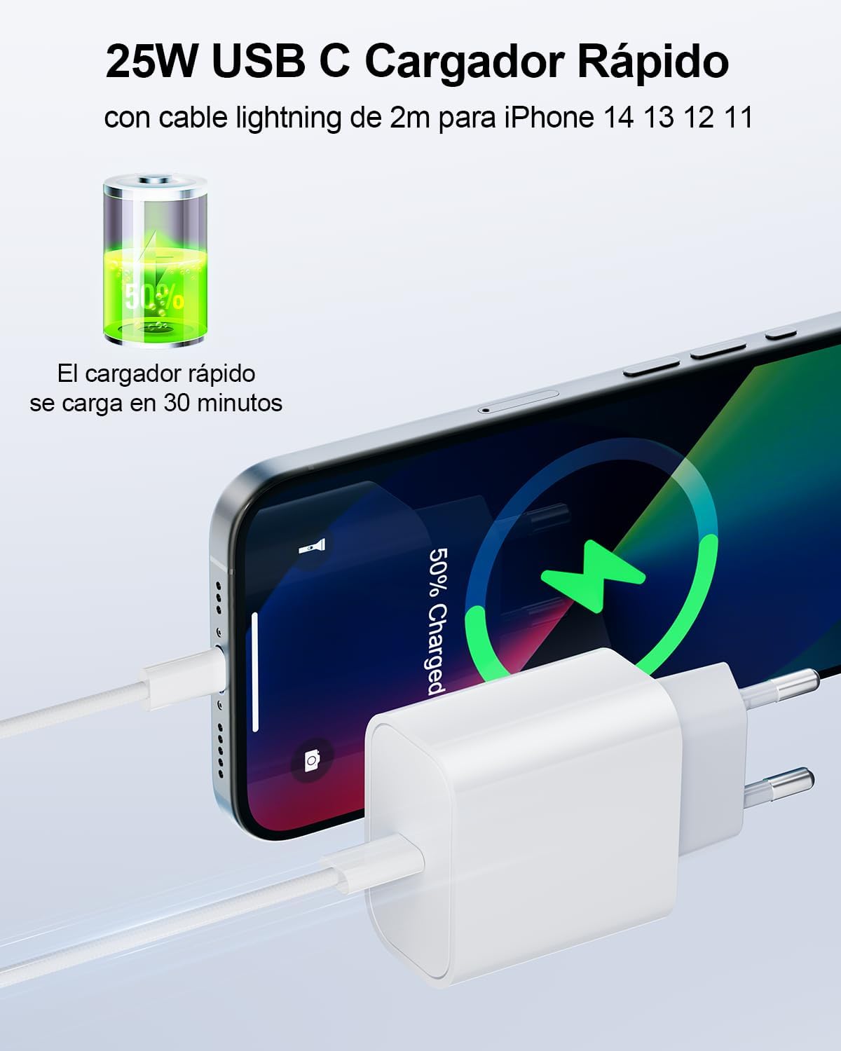 Thumbnail 1 de LumFocus Cargador USB-C de 25W con cable de 2 m para iPhone y más (Blanco)