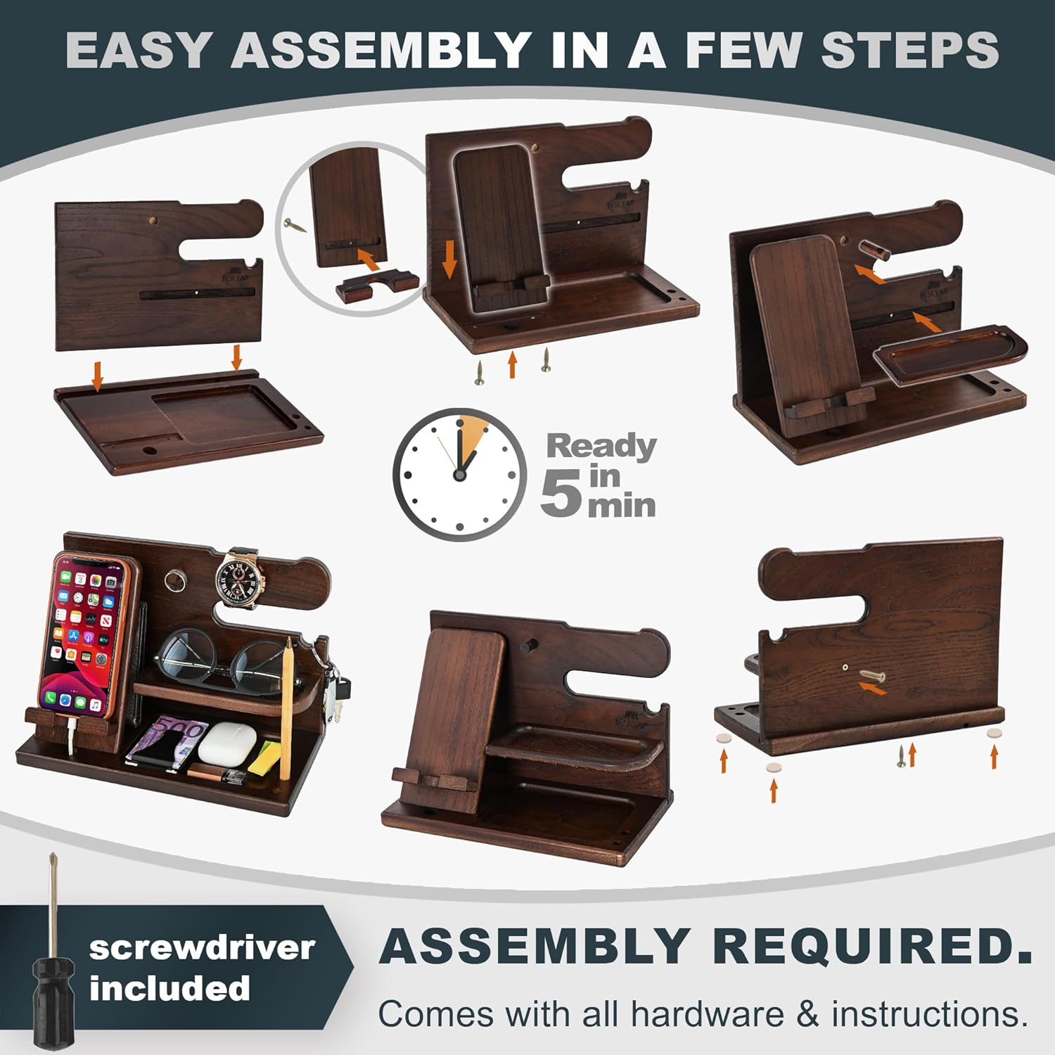 Thumbnail 6 de Teslyar Gifts for Men Wood Phone Docking Station – Solid Nightstand Organizer