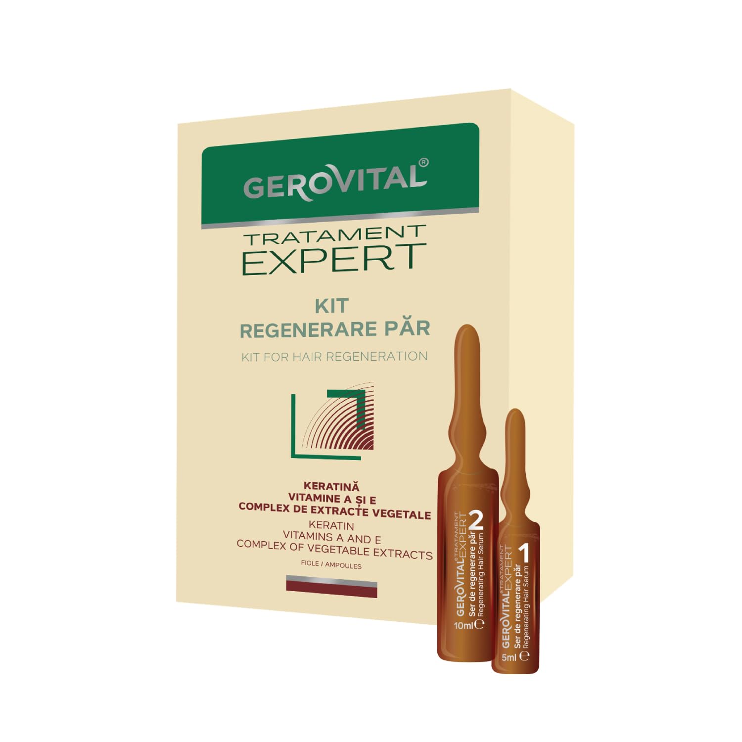 Detalle de Gerovital Tratament Expert Haarregenerierendes Serum-Kit mit Keratin, Vitamin A & E (10 x 5 ml & 10 x 10 ml)
