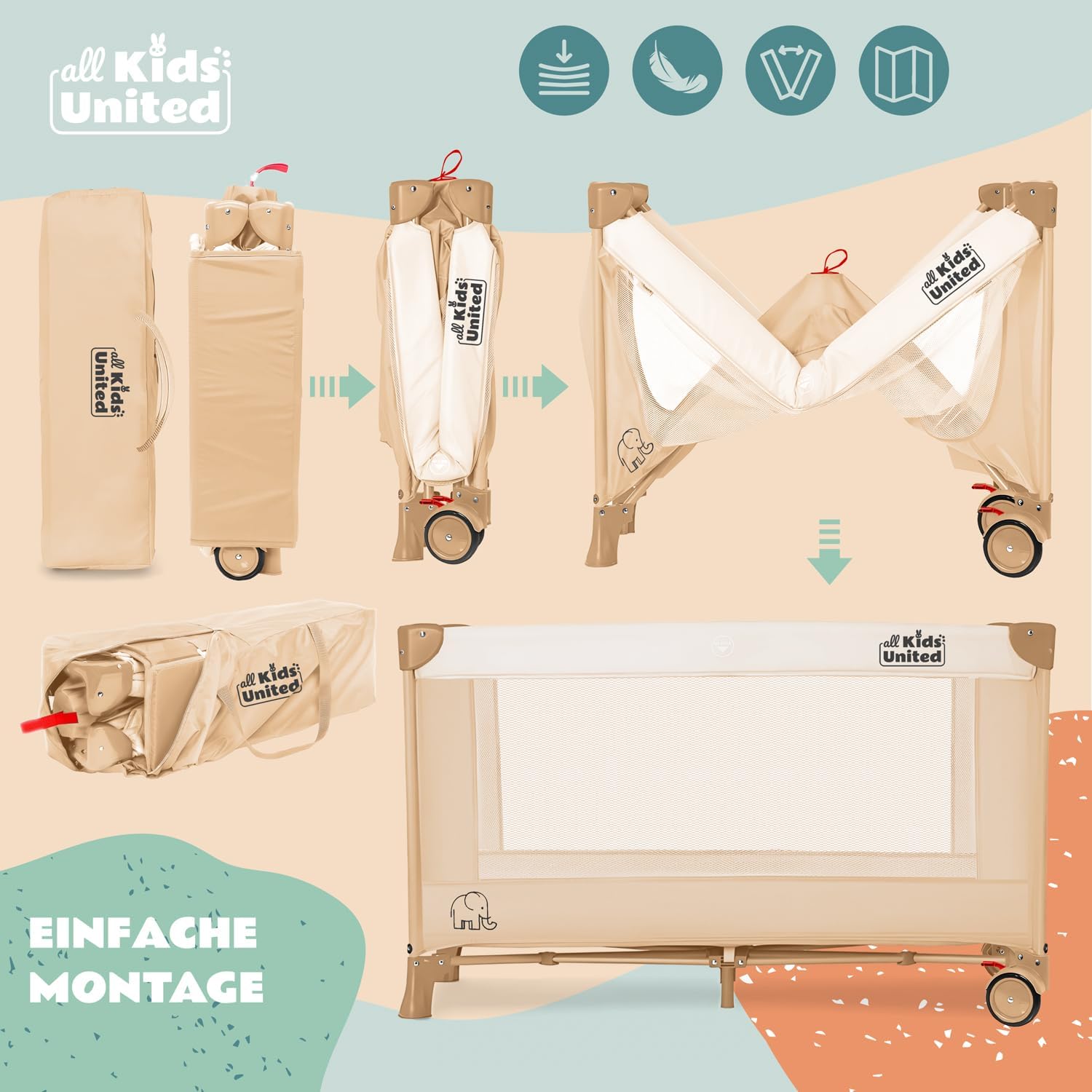 Thumbnail 3 de all Kids United® Baby Reisebett Babybett (Beige) mit Matratze, Wickelauflage, Musikspiel und Mobile