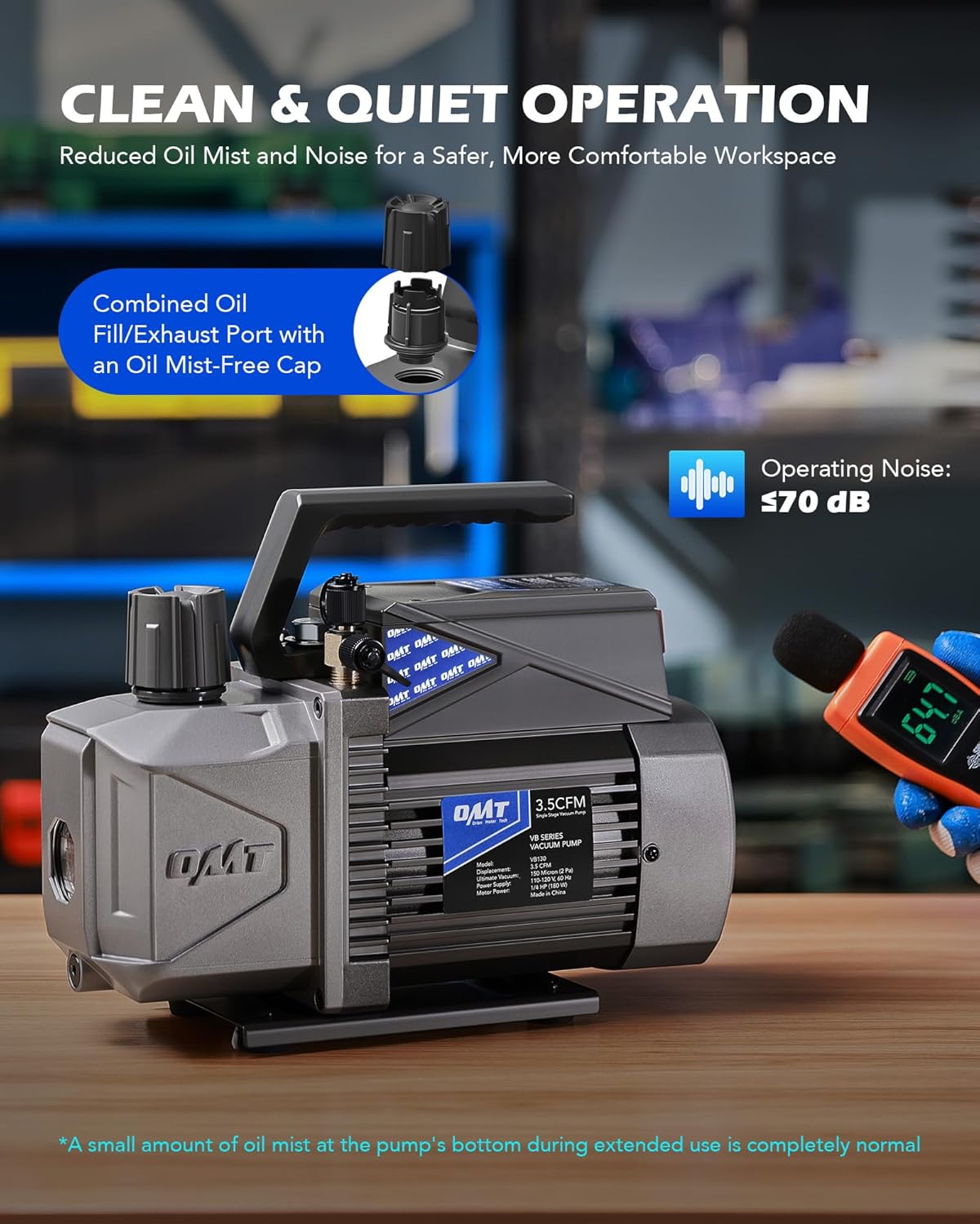 Detalle 2 de Orion Motor Tech A2L Vacuum Pump: 3.5 CFM, 1/4 HP, Sparkless Ignition-Proof for A2L Refrigerants
