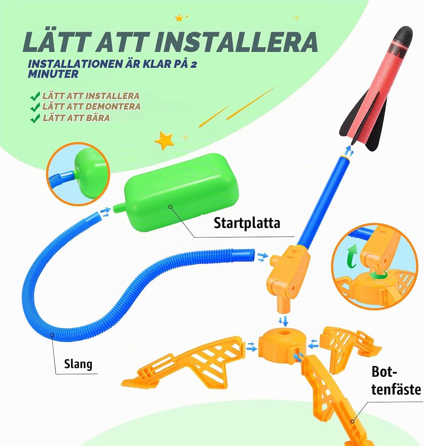Detalle de Anginne raketleksak med sex skumraketer och fotpump