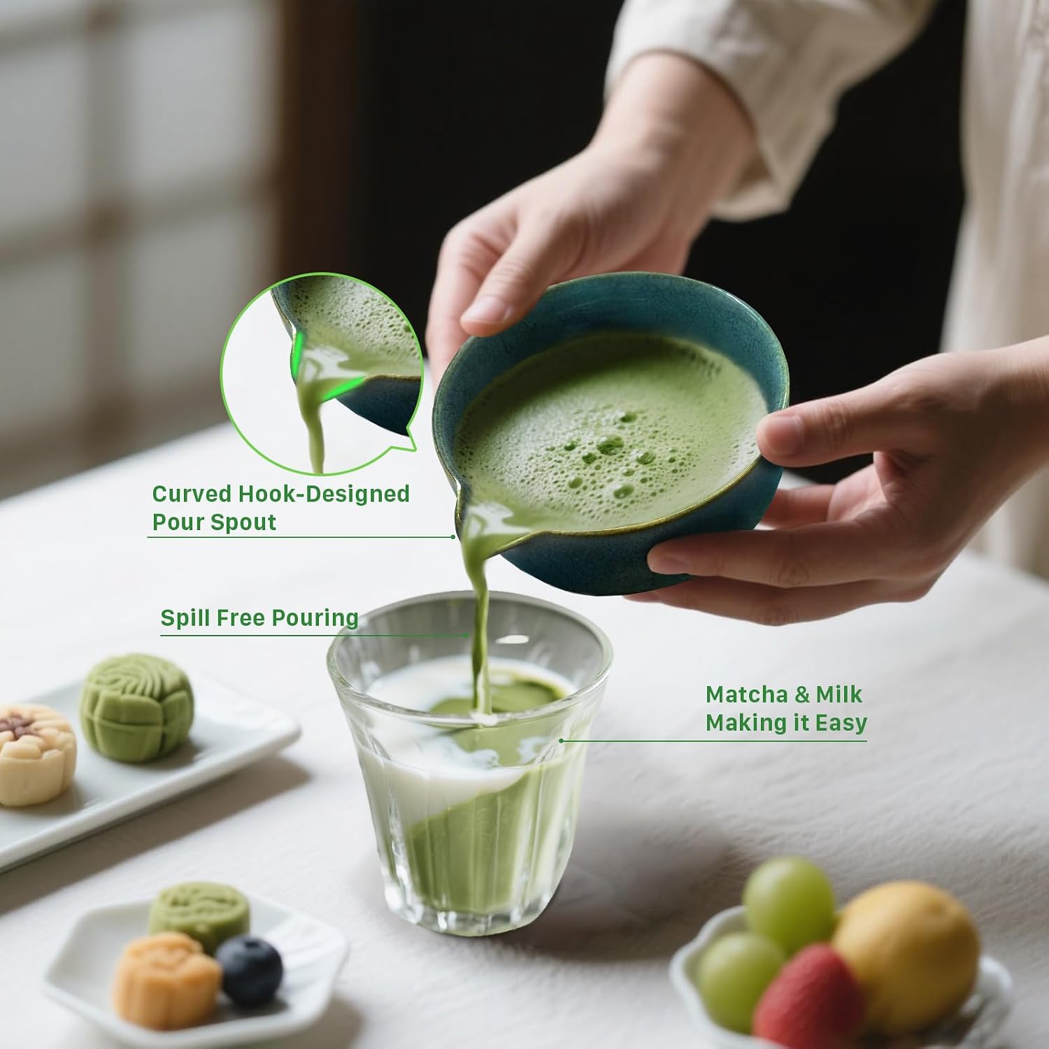 Detalle de Qxeutm Matcha Set – 7-teiliges Premium Matcha Starter Set (blau) mit Schale, Besen, Sieb & Tuch