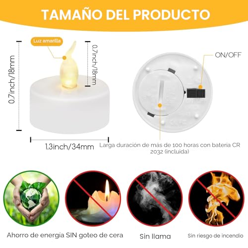 Detalle de CNMTCCO 24 velas LED de té: velas sin llama con parpadeo realista y 200 h de batería