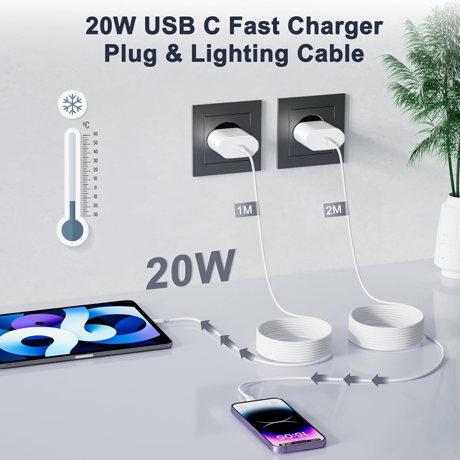 Detalle 2 de UWECAN Cargador USB-C Dual de 20W con cable Lightning (2 m + 1 m) para iPhone carga rápida