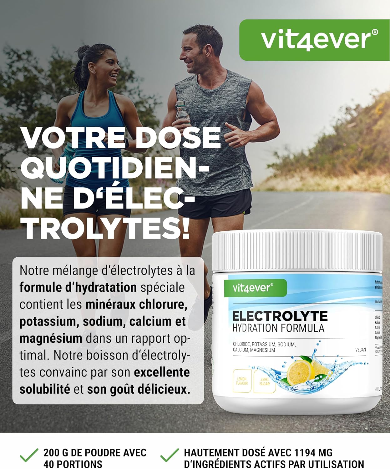 Detalle de Electrolytes 200 g (40 portions) – Hydratation sans sucre au citron, chlorure/potassium/sodium/calcium/magnésium