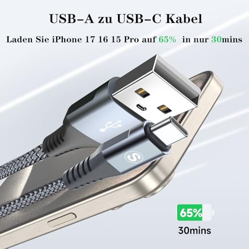 Detalle de sweguard USB C Kabel 3.1A – 2 Stück, 3 m: Nylongeflochtenes Schnellladekabel für eine breite Kompatibilität